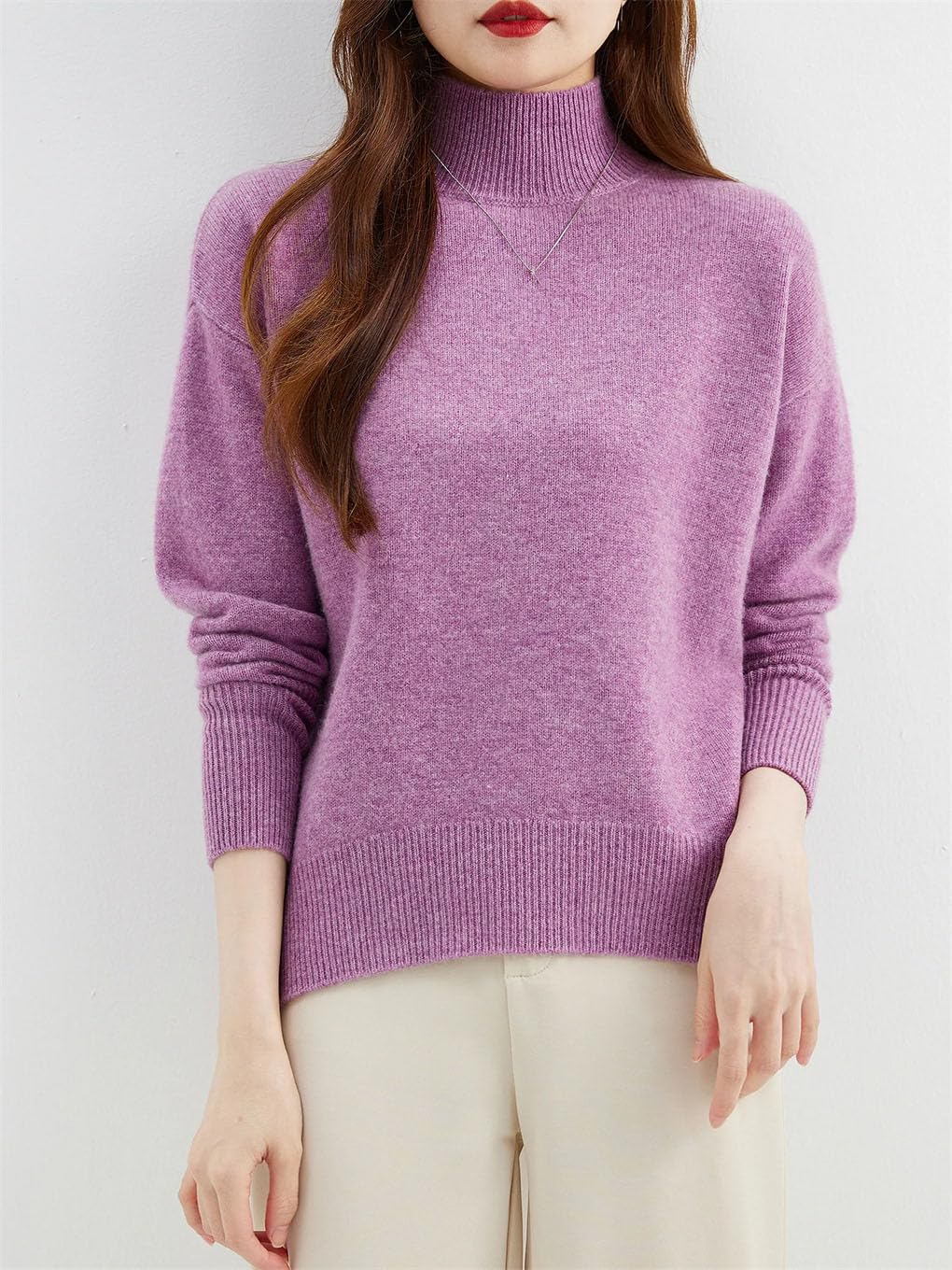 keusyoi Suéter de lana merina para mujer, suéter de invierno con cuello alto falso, manga larga, suéter de punto suelto