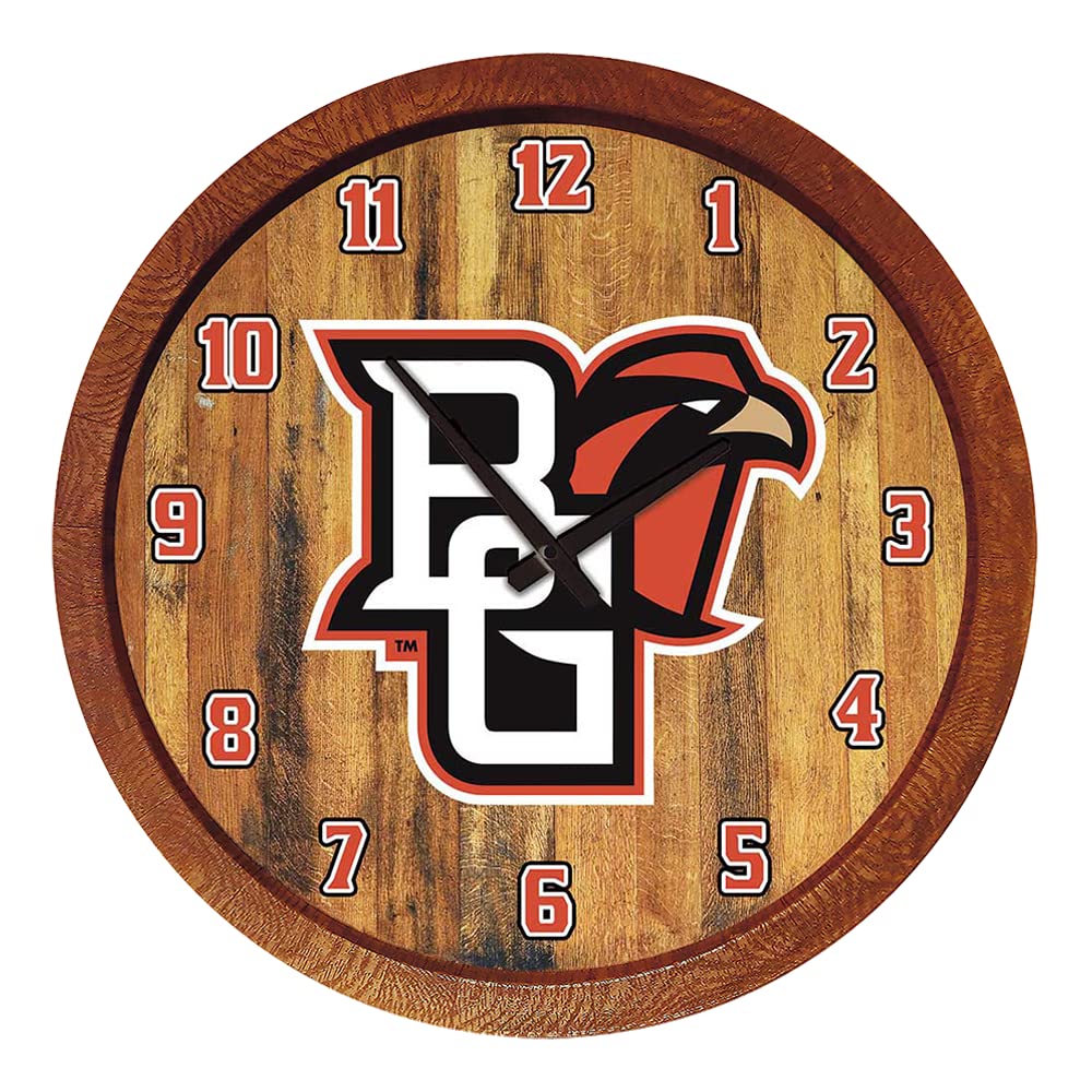 The Fan-Brand NCAA Bowling Green Falcons: Faux Barrel Top Wall Clock Sports Team Bar Sign Décor - Home Man Cave, Party Decoration - Made On Demand