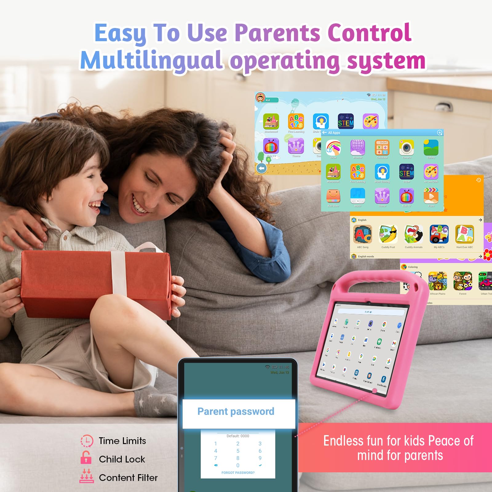 weelikeit 2024 tableta infantil mejorada, Android 14 de 10 pulgadas, 8 GB RAM + 128 GB memoria, batería larga de 6000 mAh, cámaras dual, tableta para niños pequeños, rosada