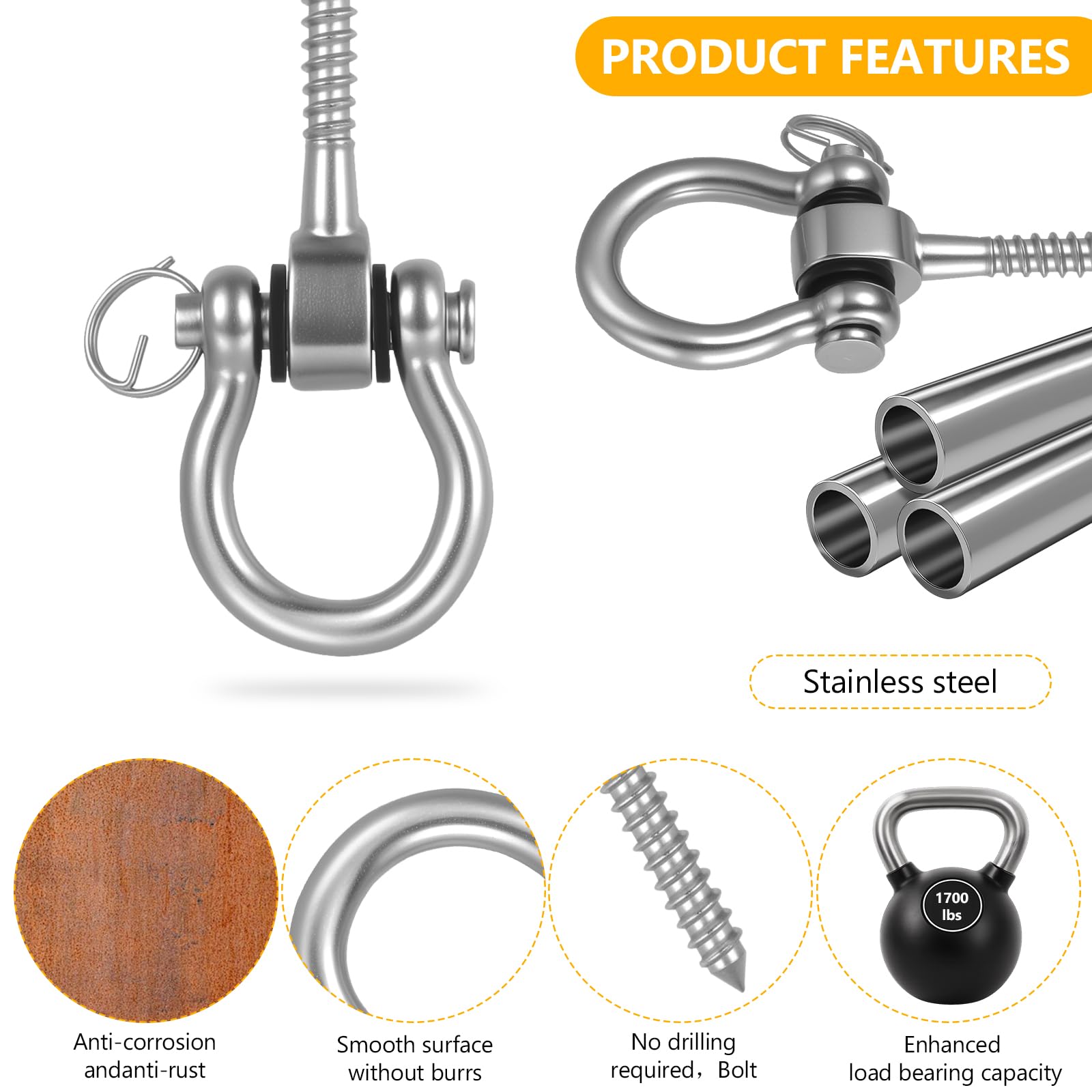 2 PcsGanchos para Columpios de Techo, 123mm Soportes Ganchos de Techo de Acero Inoxidable de 180° Rotación, Ganchos de Hamacas Yoga Sacos de Boxeo Arena Porches Patios