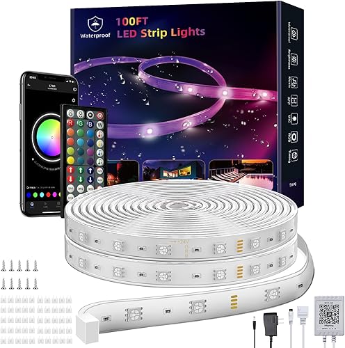 Miniatura 1 de Tira de luces LED para exteriores de 100 pies, impermeable, IP68, tira de luz LED exterior impermeable con control remoto y aplicación, cuerda de