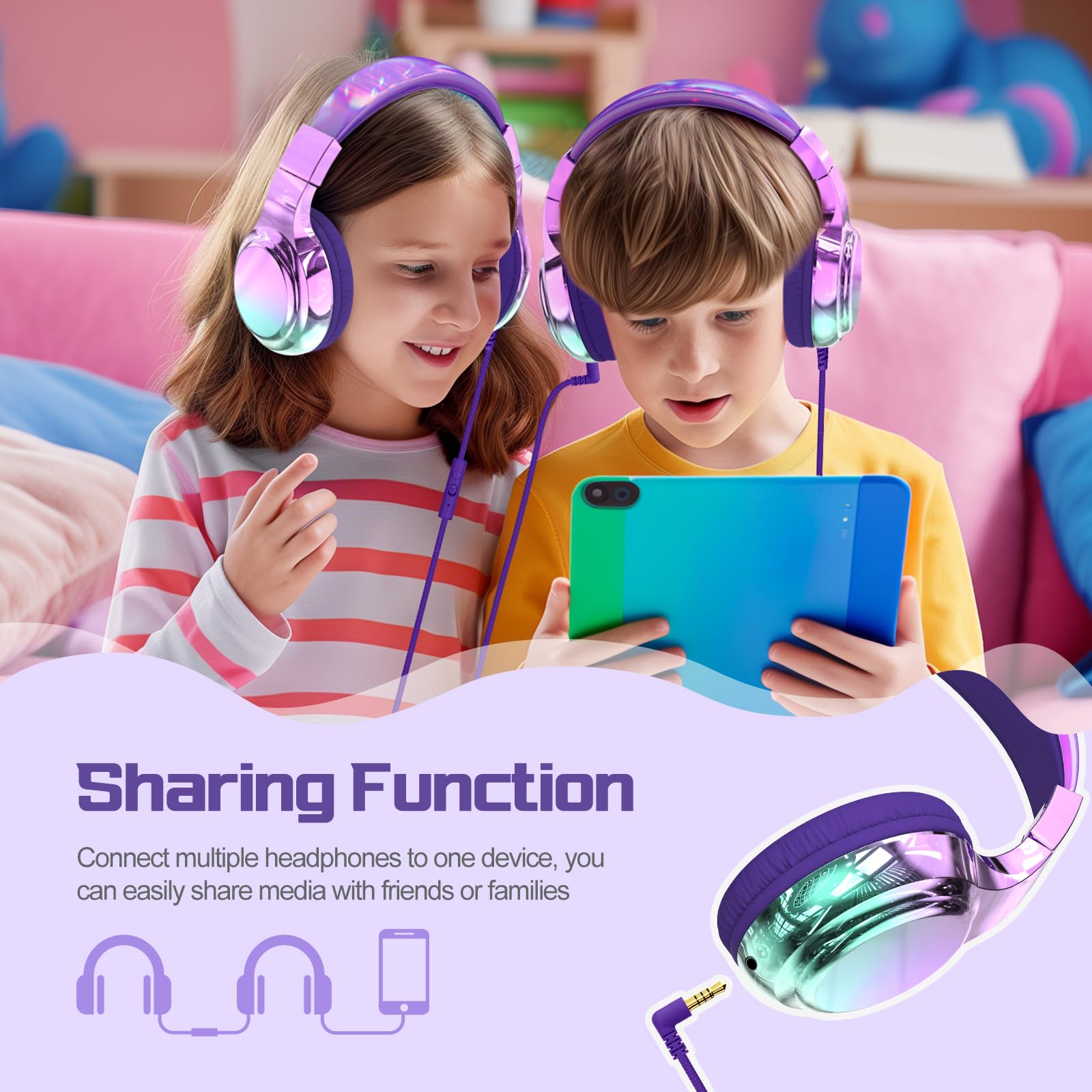 JYPS Kinder Kopfhörer,Kopfhörer Kinder mit Kabel,85/94 dB Volume Limit,Faltbare Kopfhörer für Mädchen ab 2 3 5 6 7 Jahre,Over Ear Schule Kopfhörer mit Mikrofon und 3.5mm Jack für iPad/Tablet