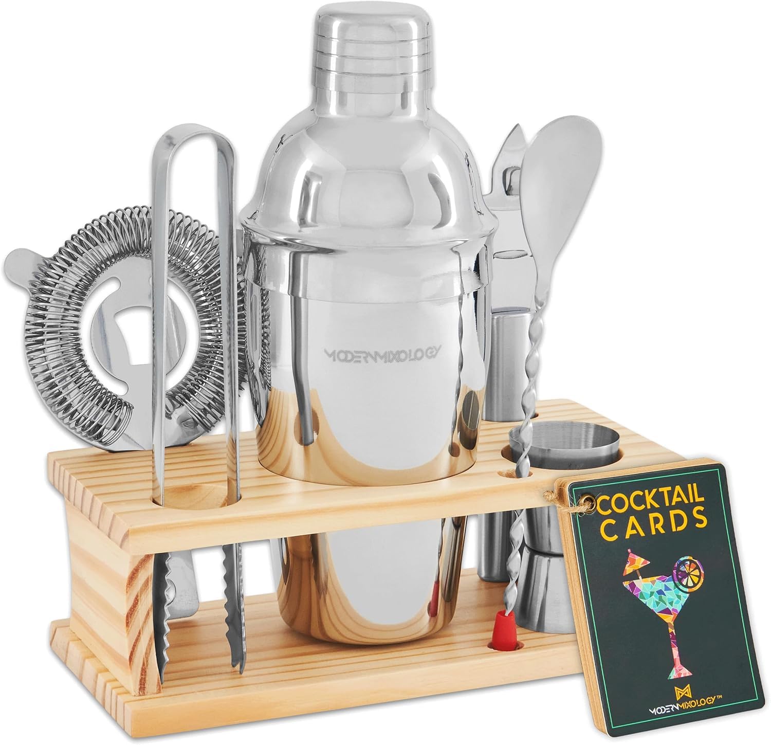 Kit pour barman 8 pièces avec shaker argenté et support bois, le cadeau parfait pour vos proches