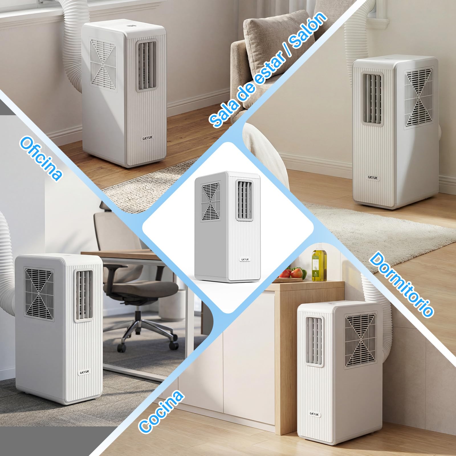 OKYUK Climatiseur Mobile, 200 W à économie d'énergie, réfrigérant écologique R290, 3 en 1 : climatiseur, déshumidificateur, ventilateur, ventilation, avec tuyau d'évacuation. (Blanc)