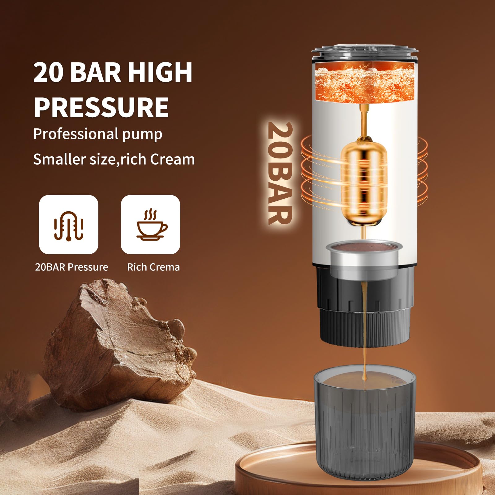 Cafetera espresso portátil, 20 bares | Autocalentamiento y infusión fría, batería de 7500 mAh, 3 en 1 para Nespresso y tierra, viajes, camping, coche, color blanco