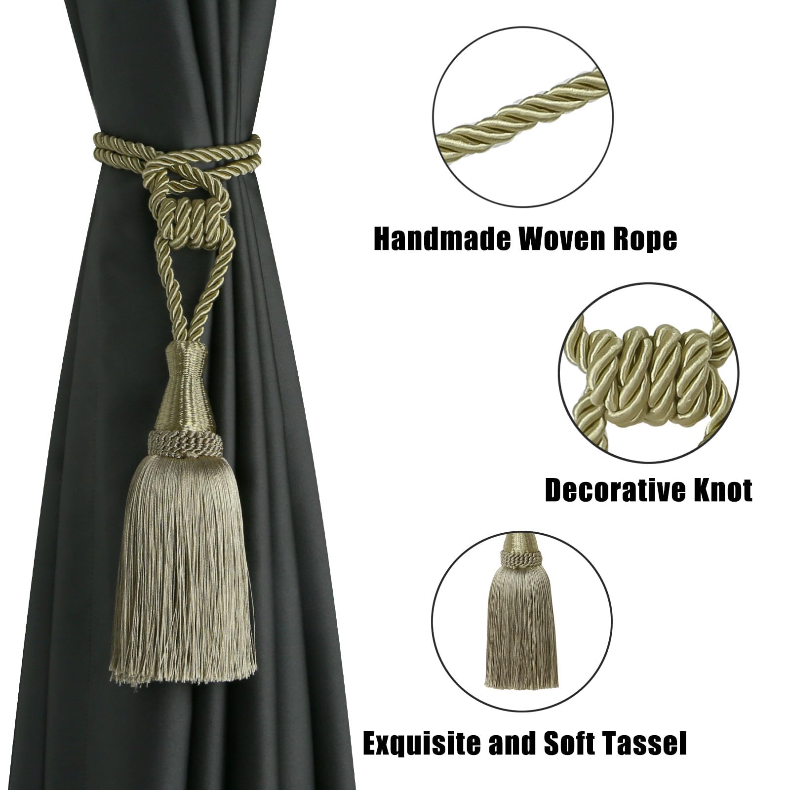 BEL AVENIR Fermatende per tende, tessuti a mano, decorativi, con nappe (beige scuro, 4 pezzi)