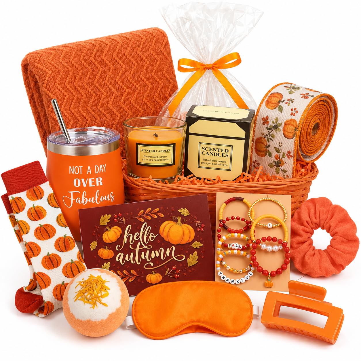 Oranger Herbst-Geschenkkorb für Damen, gemütlich, selbstpflegend, 13 Stück