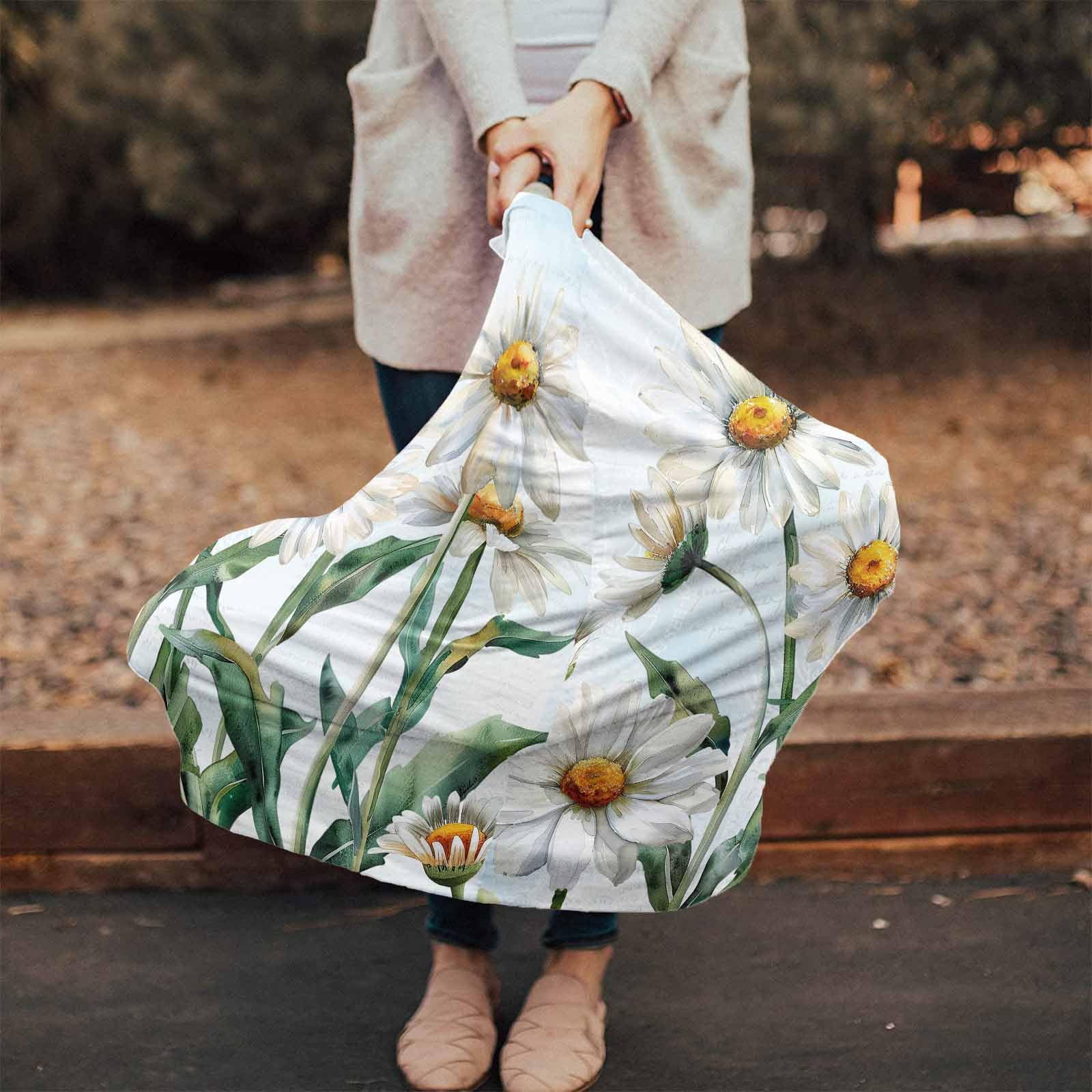 Nursing Cover for Breastfeeding Scarf, Flower Plant Daisy Wildflower Light Blue Baby Car Covers Super Soft Multi Use for Canopy Shopping Cart Cover Blanket Stroller Cover