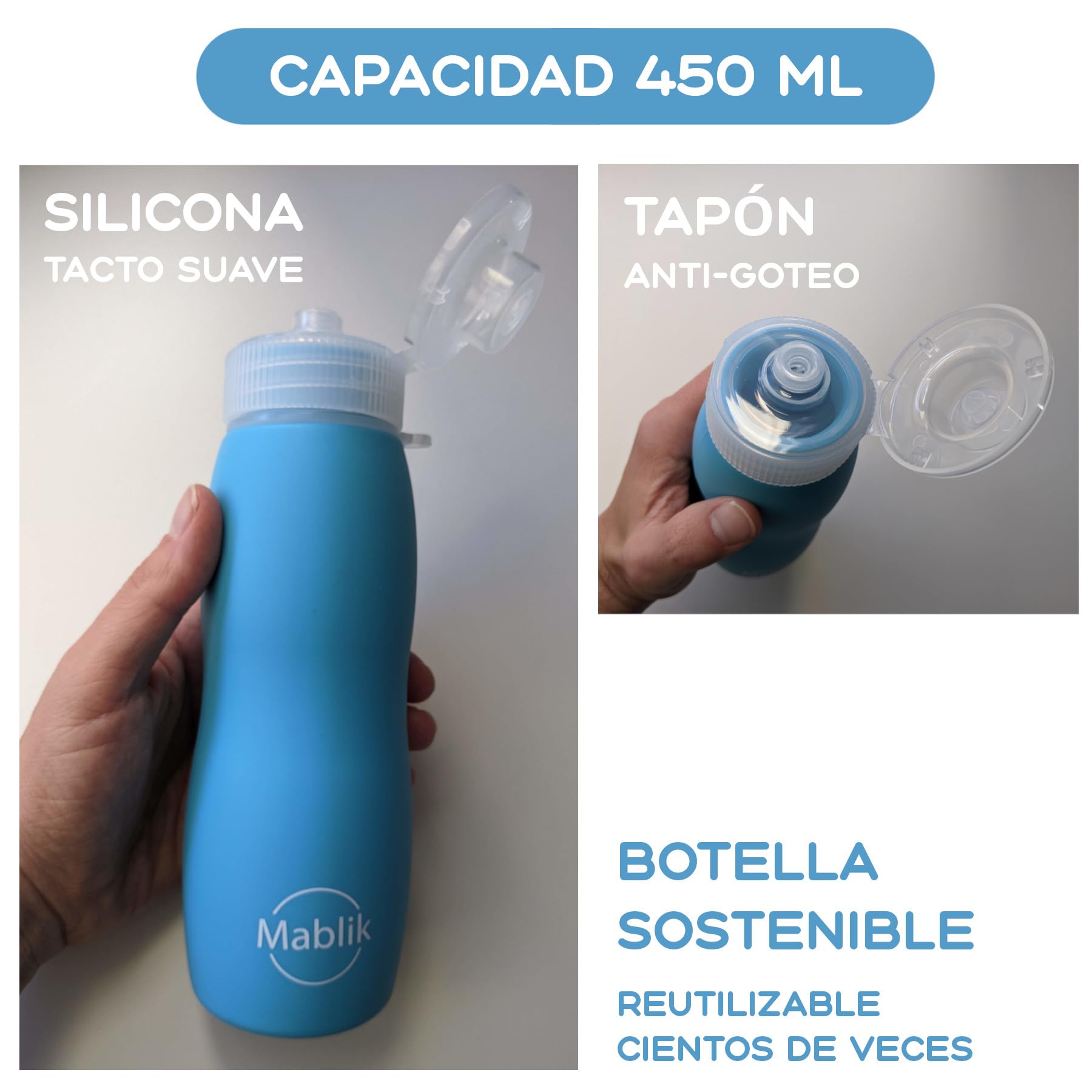 Botella Pipi Perros Silicona 450 ml, Color Azul. Botella Pipi Perros Calle, Plegable y Portátil Antigoteo, Resistente, Chorro a Presión. con Mosquetón y Goma Elástica. (Azul 450 ml)