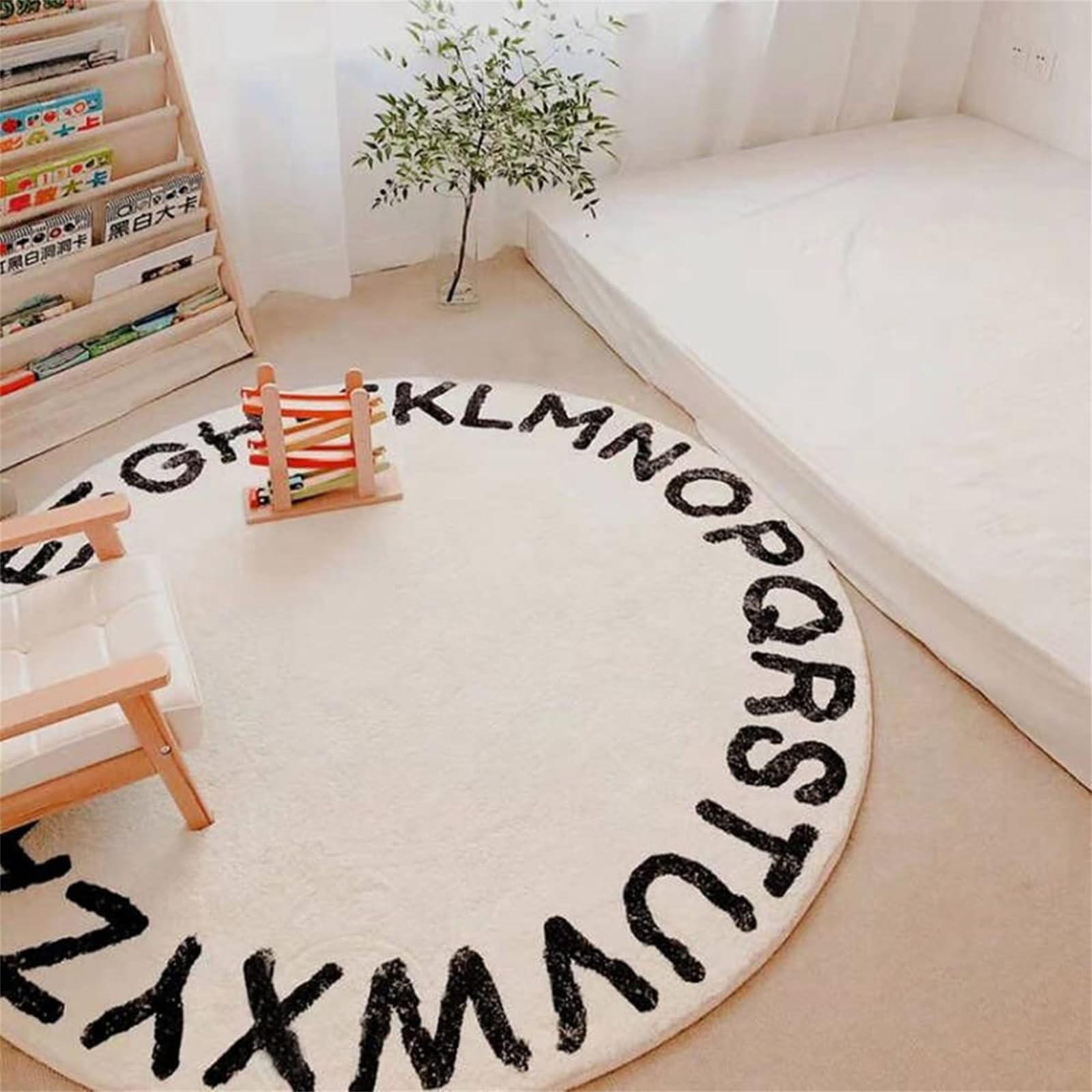 ABC - Alfombra redonda del alfabeto para niños, alfombra de felpa suave, alfombra educativa para bebé, alfombra antideslizante para aula, sala de juegos, dormitorio, decoración de habitación de niños
