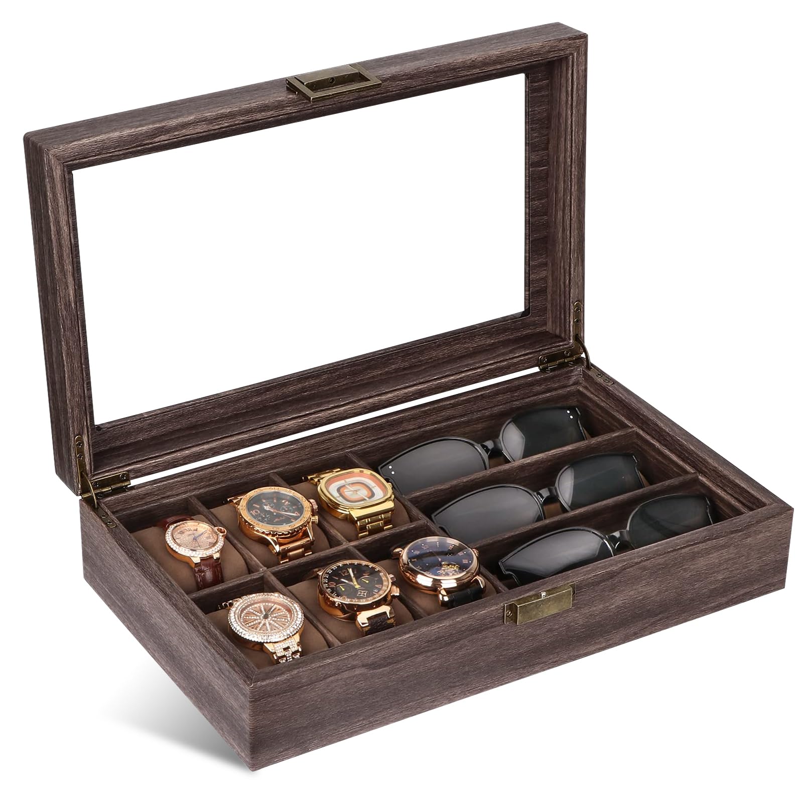 Bois Boîte à lunettes en Cuir Écrin Boîte Montres pour 6 montres et 3 pièces de Rangement lunettes de soleil (39 * 21.5 * 8.5cm)