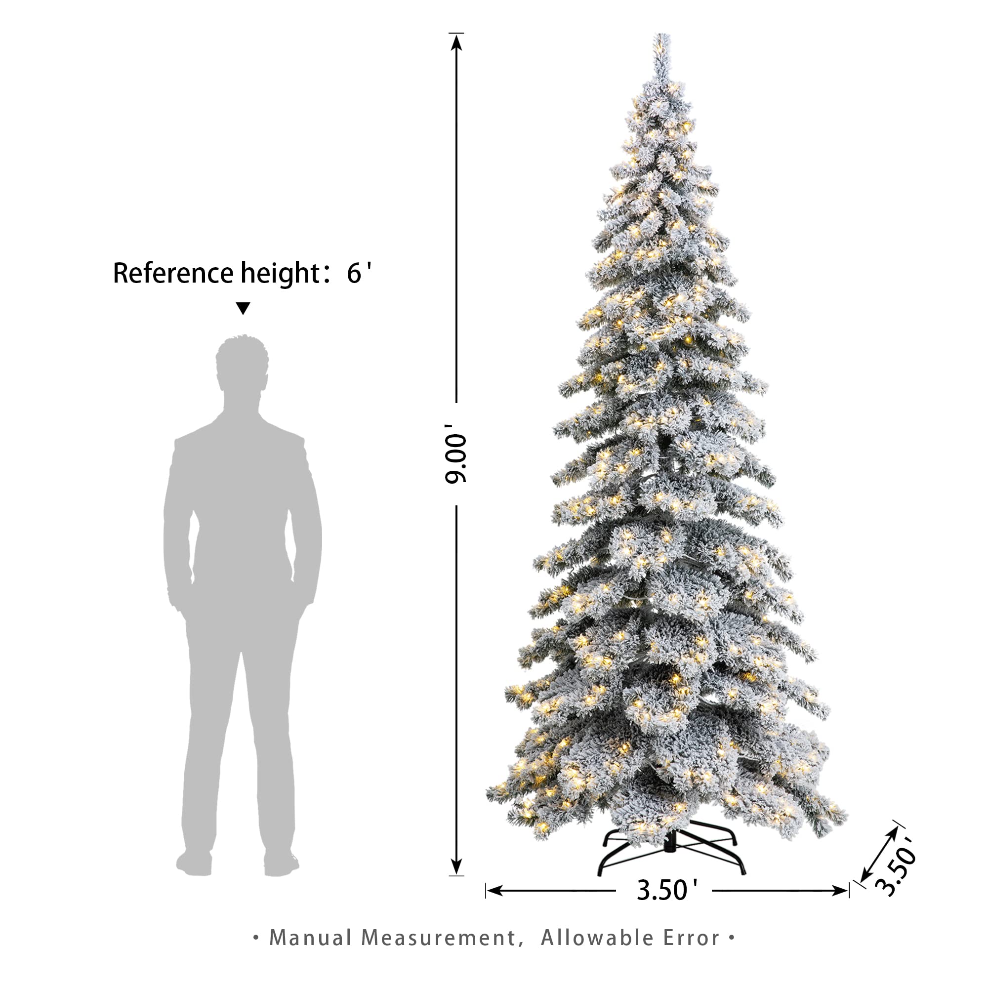 Glitzhome 9ft Pre-Lit Flocked Layered Spruce Artificial Christmas Tree, Large Elegant Snowfall Spruce Xmas Tree for Holiday New Year Home Decor