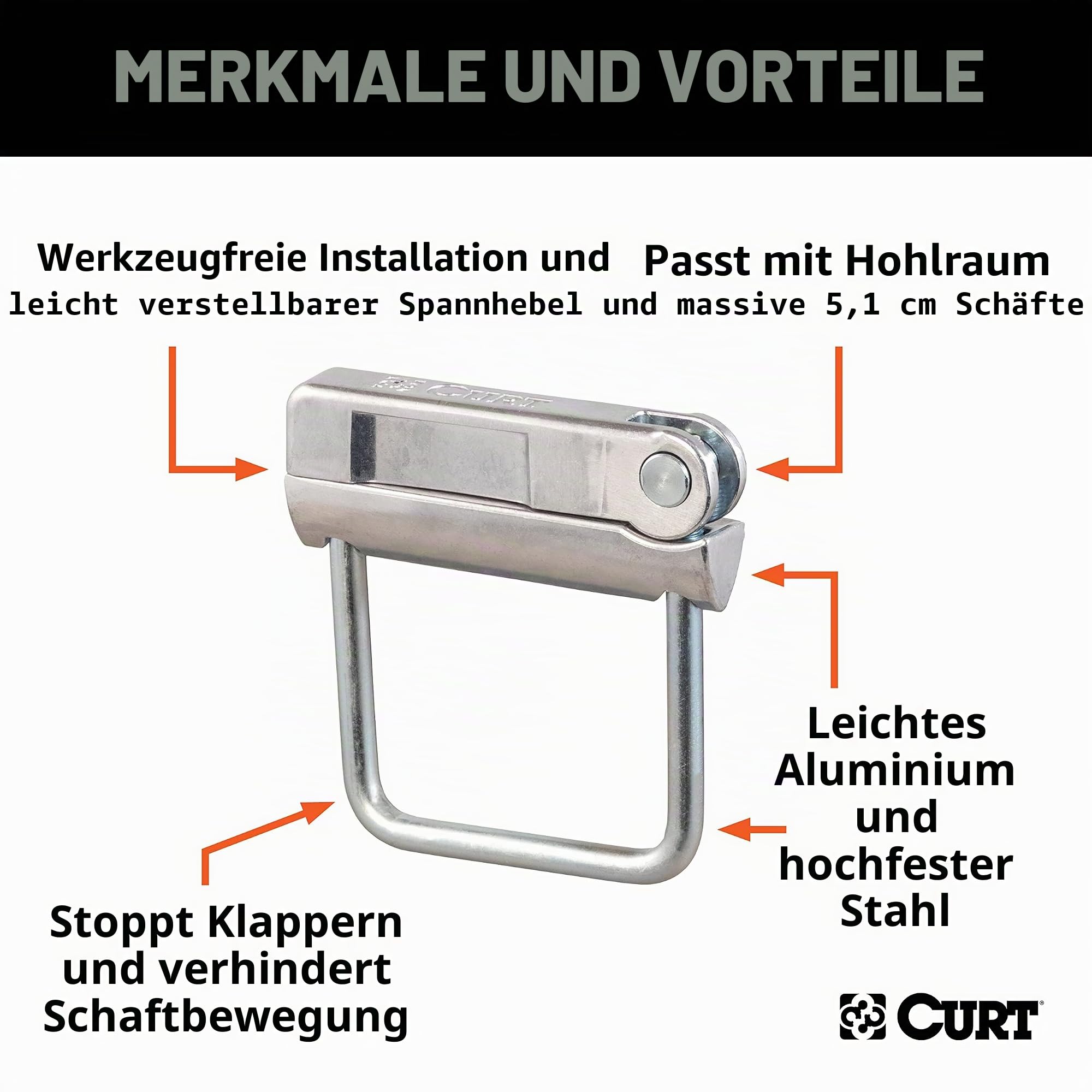 CURT 22325 No-Tool Anti-Rassel-Kupplungsklemme für 5,1 cm Empfänger, Hohle oder solide Schäfte
