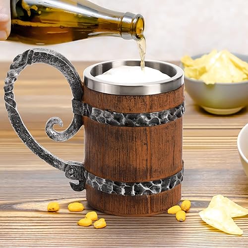 Miniatura 7 de Yopay Taza de cerveza de barril de madera taza de cerveza vintage de acero inoxidable de doble pared hecha a mano taza de cóctel medieval con asa