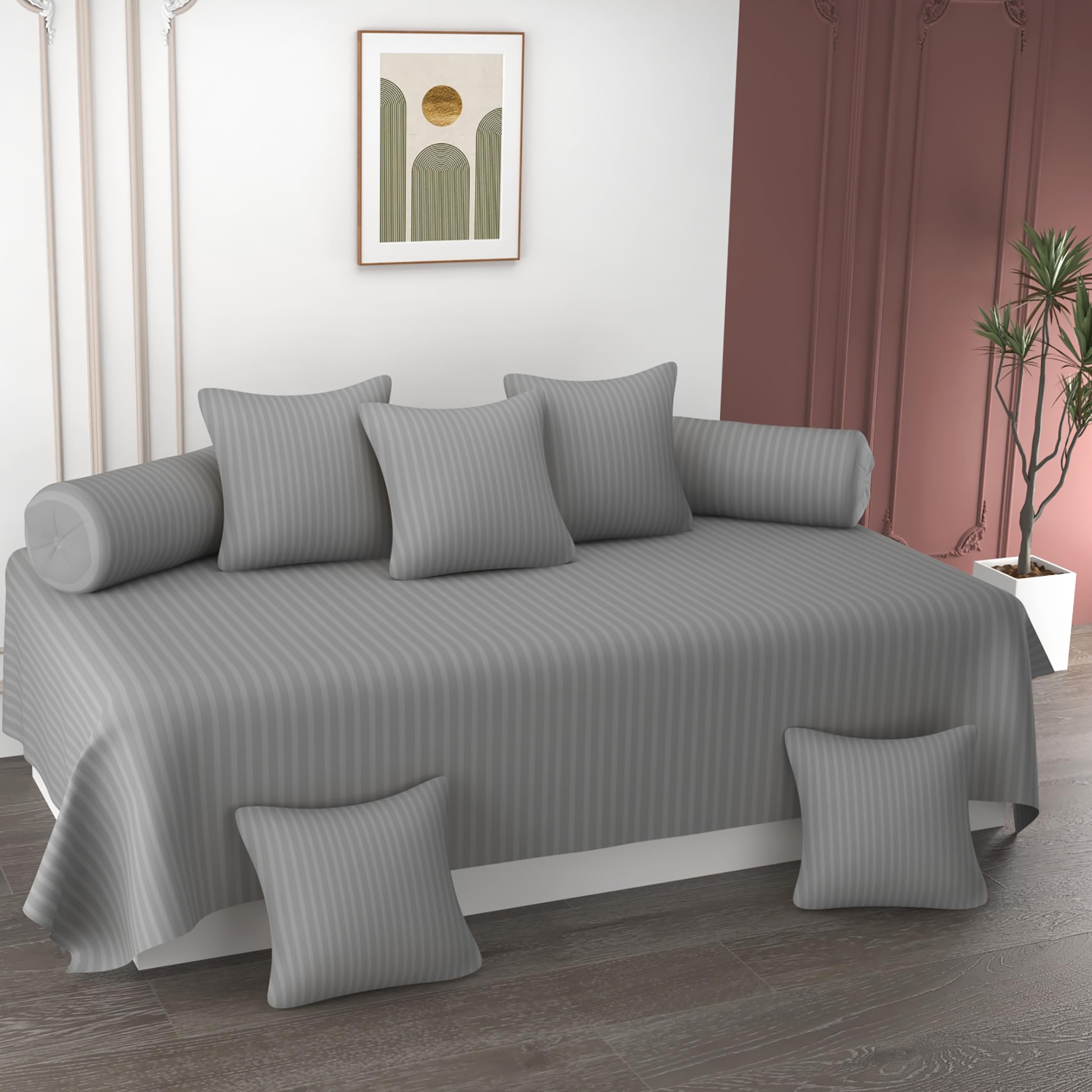 AASHIYANA SAJONA Cotton Diwan Set of 8 Pieces (1 Diwan Bedsheet + 5 Cushion Covers + 2 Bolster Covers, Multicolour (Mehrun) (Silver Grey)-picture-31