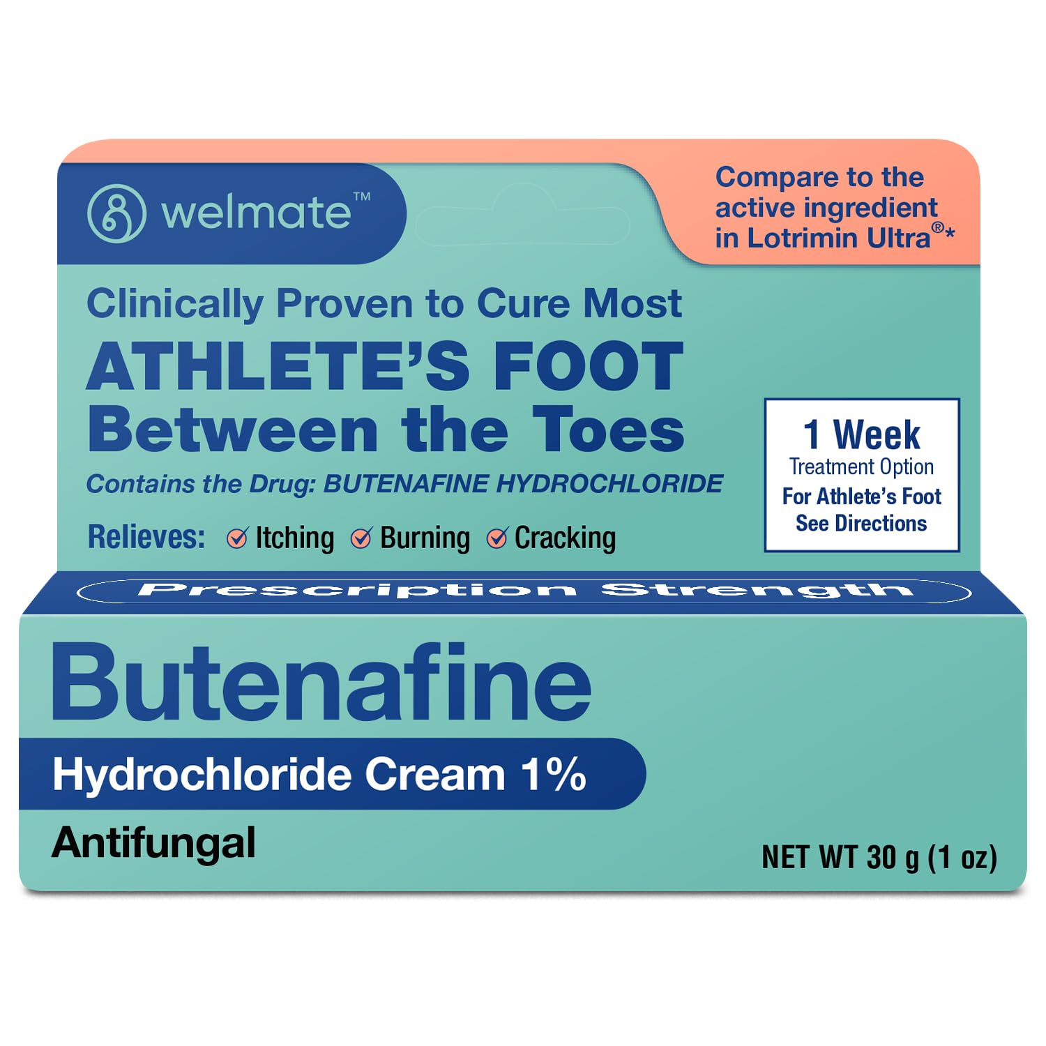 WELMATE - Athletes Foot Treatment Extra Strength - Antifungal Cream - Butenafine Hydrochloride - Relief from Ringworm, Athlete's Foot & Jock Itch - Foot Care - Nail Fungus Treatment for Toenail - 1oz 1 Pack