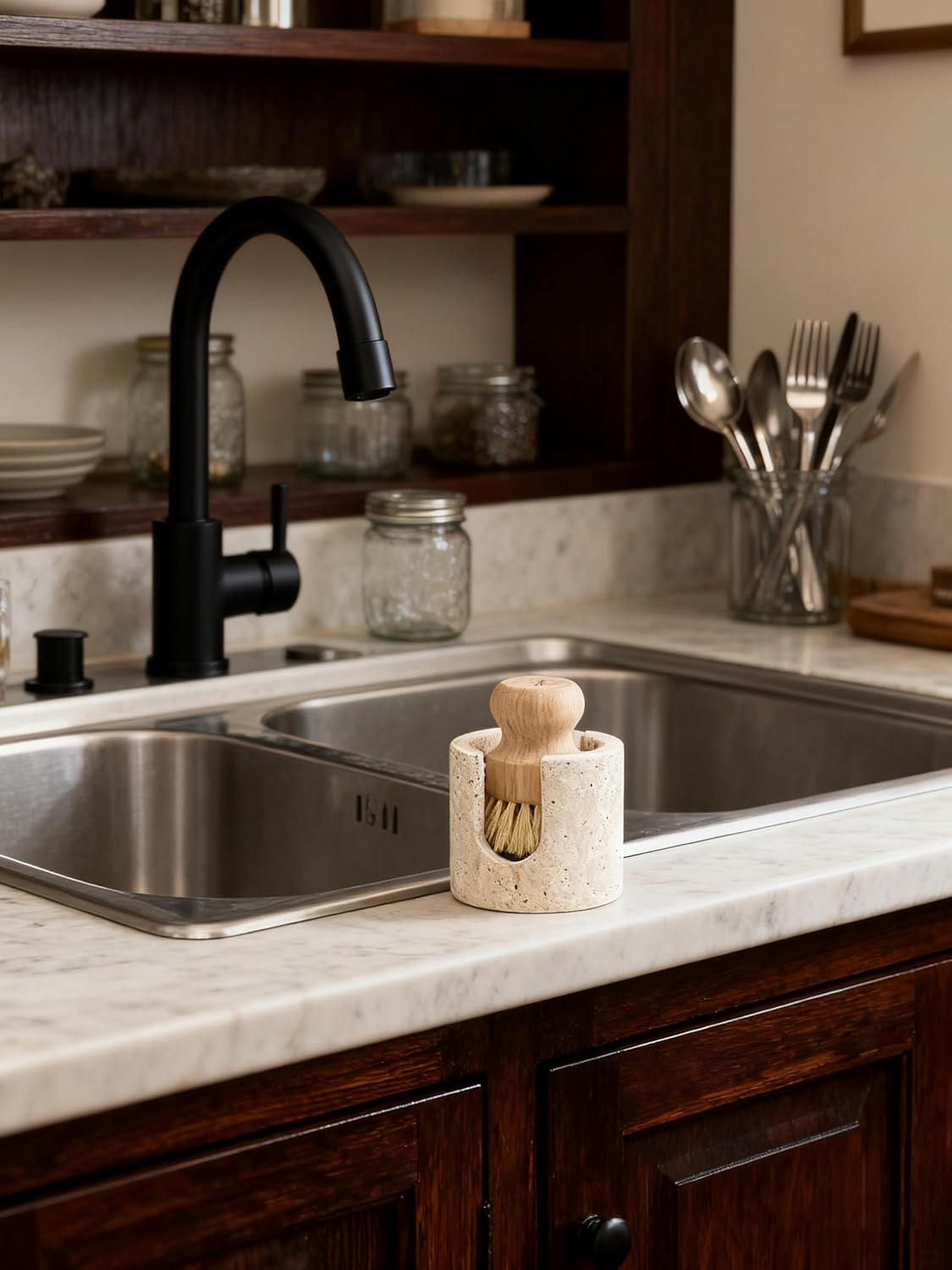 Natural Travertine Sponge Holder & Drying Rack for Kitchen Sink Non-Slip Grip Fast-Absorbing Stone Sponge Caddy Organizer Sturdy Bathroom or Kitchen Counter Accessory Beige