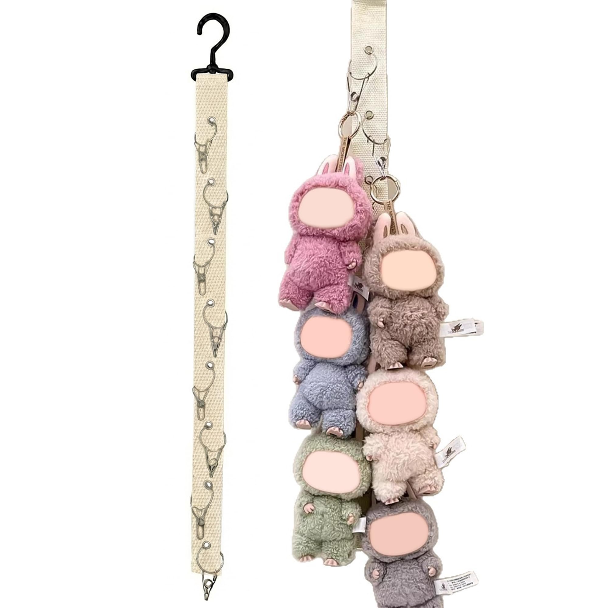Bawiked Plush Doll Hanging Storage Rope Display Rack with 8 Clips – Wall Hanging Organizer for Keychain Plushies, Mini Toys– Holds up to 3kg (White)