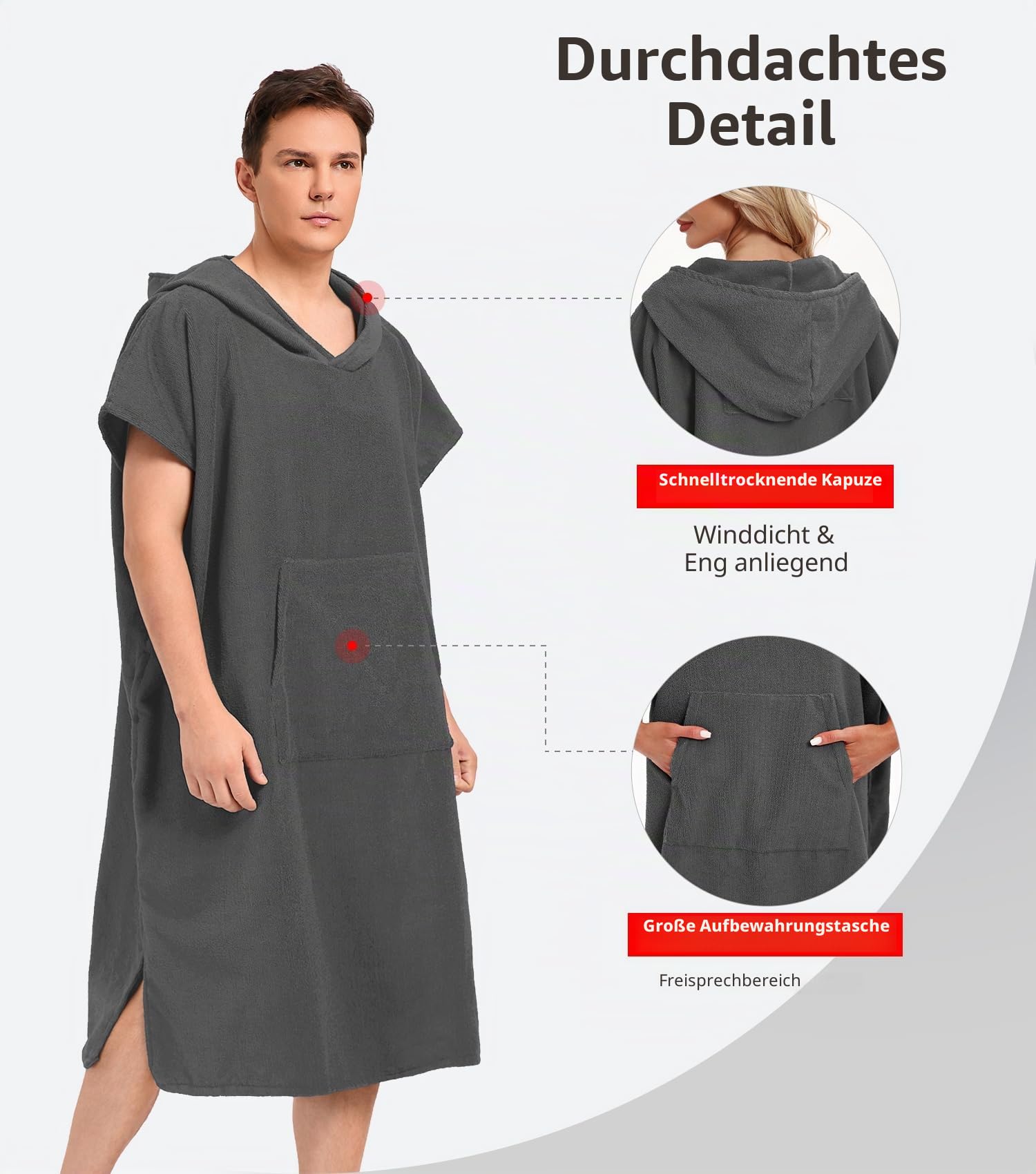 Abahub Surf Poncho Herren Damen Badeponcho Handtuch Poncho für Erwachsene mit Kapuze schnell trocknender Umkleide-Bademantel Mikrofaser zum Surfen, Strand, Schwimmen M/L
