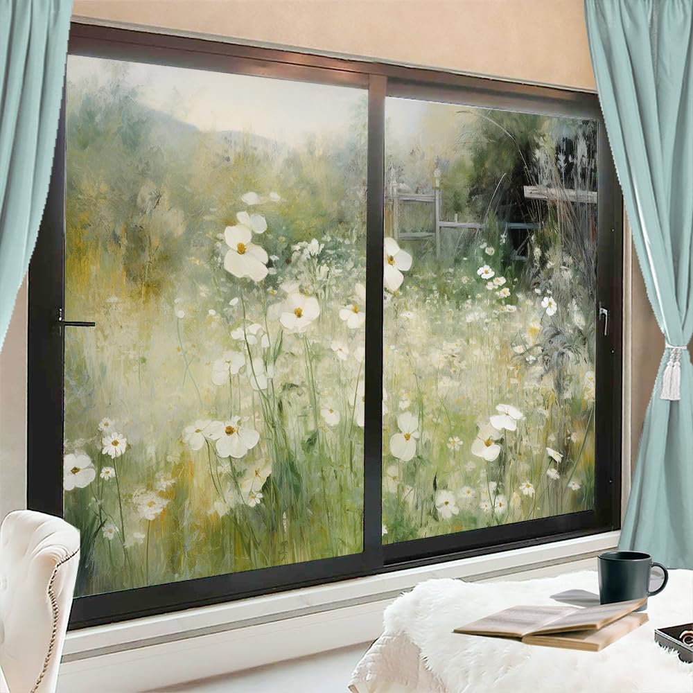 Rustykalna biała kwiatowa folia okienna - witraż w stylu vintage, blokująca słońce, dekoracyjna osłona do domu i biura, 90 x 160 cm, 2-pak, elegancka dekoracja domu