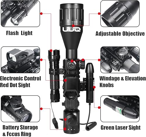Miniatura 8 de UUQ 4-12 & 16X50 AO Rifle Scope RojoVerde Iluminado Telémetro Retícula WLáser Verde - Vista de punto rojo reflejo holográfico - 5 modos de brillo