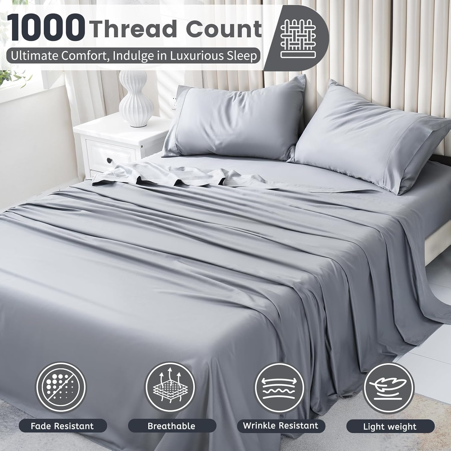 Bedlifes 1000 Thread Count 100% Egyptian Cotton Queen Size Sheets Set - Sateen Soft Silky Breathable Luxury Cooling 4 Pieces (White)