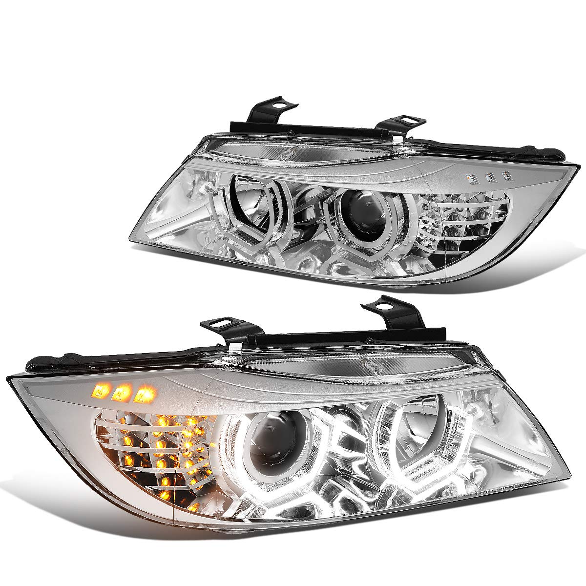 DNA MOTORING HL-3D-E9005-CH-GRAY Pair of Chrome Housing Gray Line Headlights, 3D Crystal U-Shape Light w/LED Signal Light, Low Beam Projector Lens Compatible For 05-08 BMW 3 Series 4-Door Models