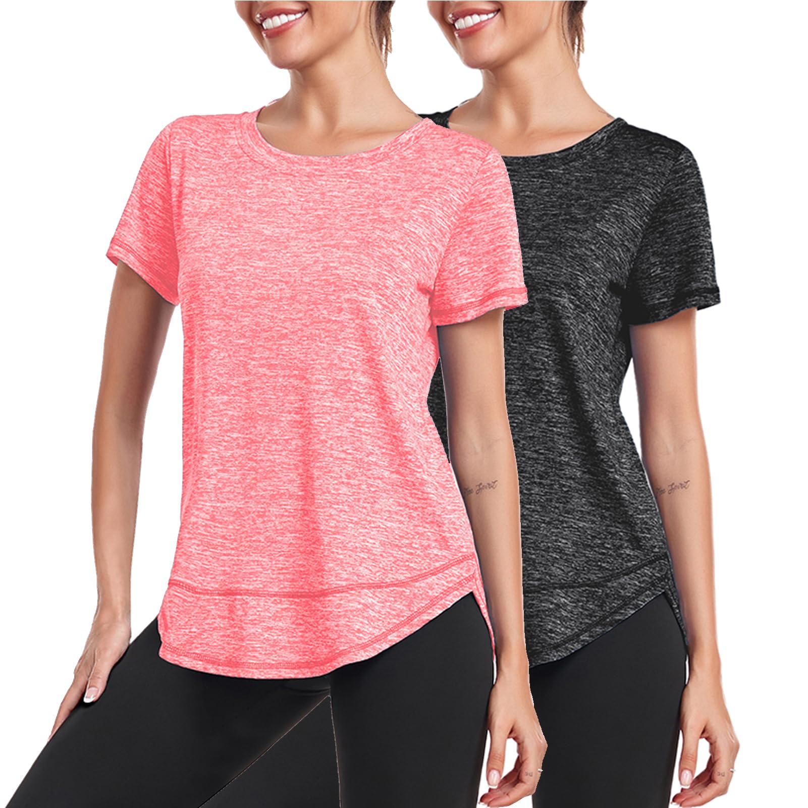 Deaviya Sport T-Shirt Damen, Kurzarmshirt Frauen Locker, Workout Tops Rundhalsausschnitt Athletisch Lässig Laufen Yoga Fitness T-Shirts Seite Split Tee 2PCS