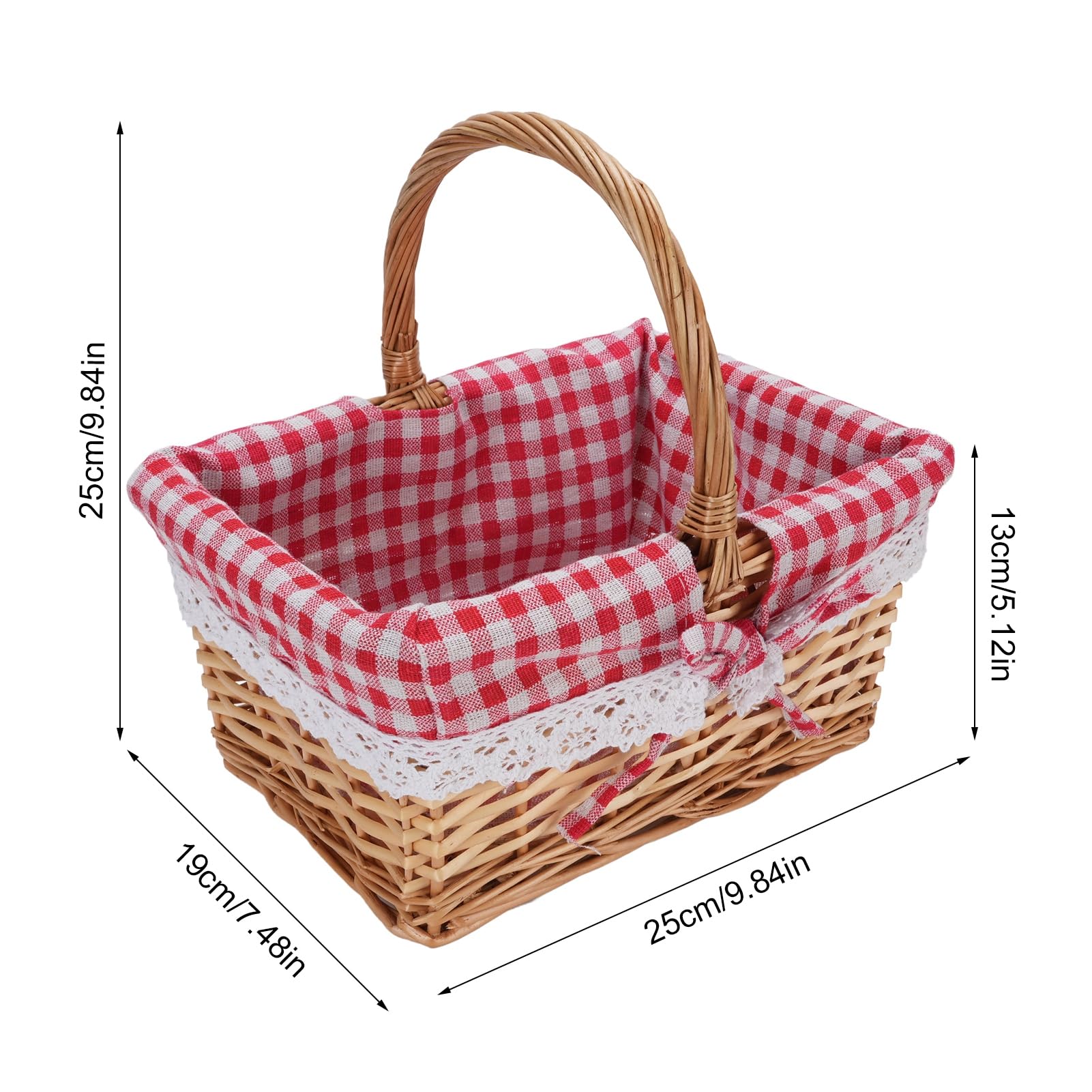 Fockety Cesta de Mimbre, Cesta de Picnic Tejida con Forro Desmontable, Cesta de Mimbre Ovalada para Regalos, Cesta de Almacenamiento Grande para Camping, Al Aire Libre, Halloween, (Cuadros Rojos)