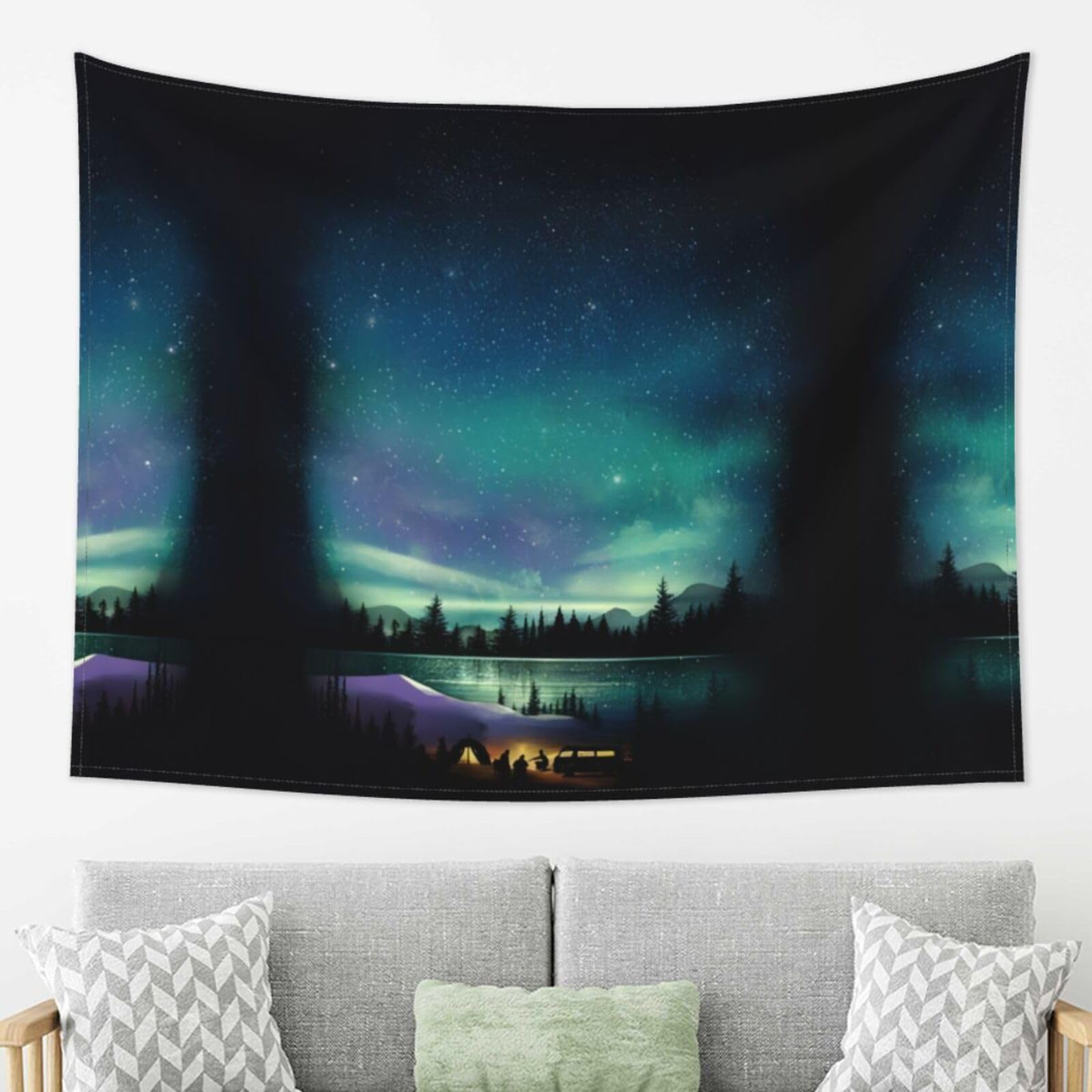 LPLSNWS Wall Tapestry for Living Room, 80x60 Inches, Aurora Borealis Night Sky Lake Camping Scene