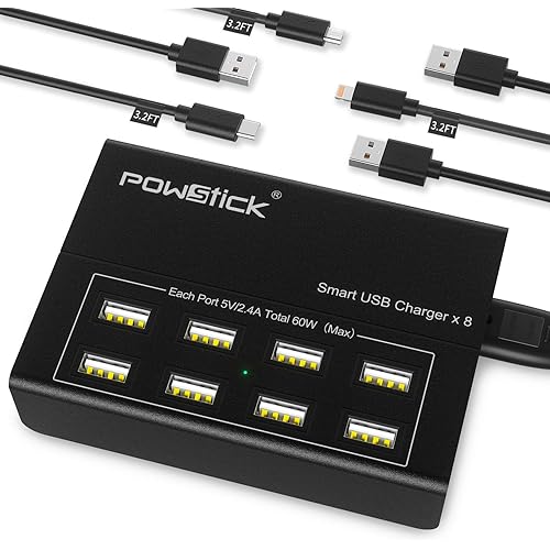 USB Charger Station,Powstick 8 Ports Charging Hub 60W/12A, Included 3 Mixed Cables,Desktop Compact Multi Port USB Charger Compatible Phone, iPad Tablet and Multiple Device(5ft Detachable Cord,Black)
