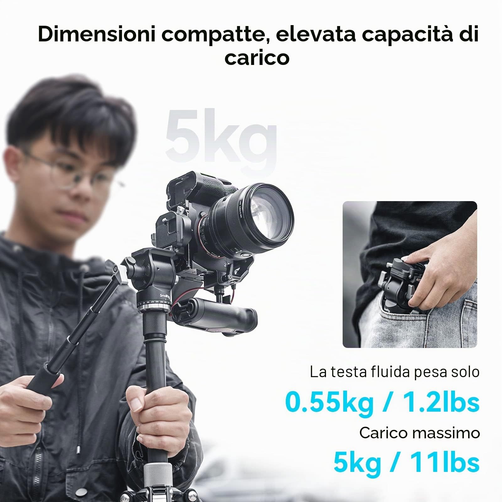 SMALLRIG Testa per Treppiede Video per Riprese Verticali/Orizzontali, Testa Fluida Pan Tilt con Piastra QR per Arca, Carico Massimo 5 kg / 11 Libbre per Videocamera, Mirrorless, DSLR - 4104