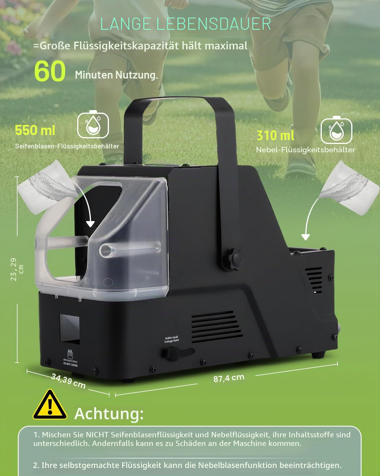 Nebelblasenmaschine mit Fernbedienung, Rauchmaschine mit Blasen, 450 W, automatischer Seifenblasenmacher, Blasen/Nebelblasen/Nebel, drei Modi für Party, Bühne, Hochzeit, Halloween