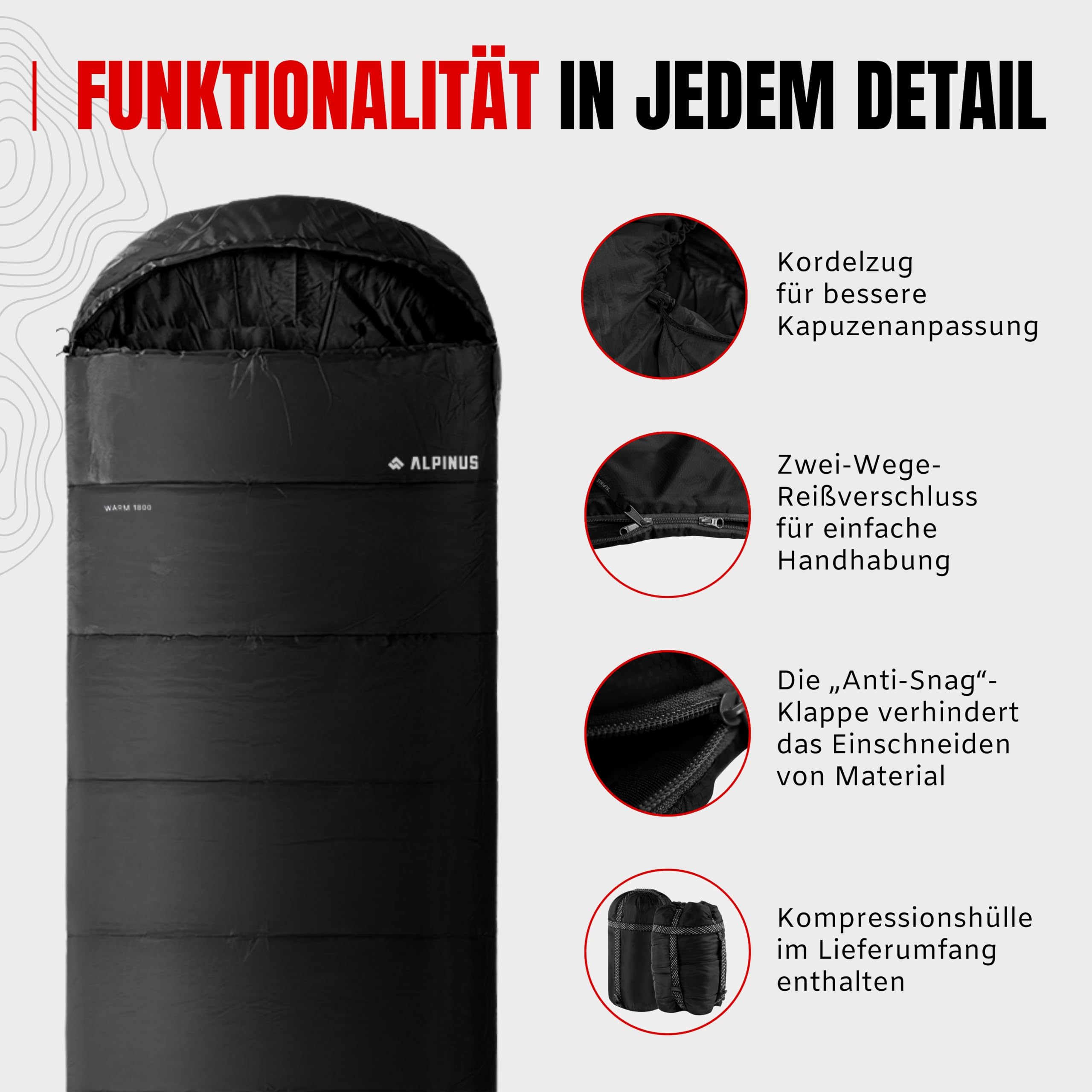 Alpinus - Śpiwór Turystyczny Warm 1350, Śpiwór Kopertowy 215 cm x 80 cm, Pokrowiec z Możliwością Kompresji, Dwukierunkowe Zamki- czarny AC11317 Lewy