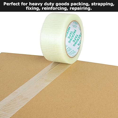 Miniatura 4 de Paquete de 4 cintas bidireccionales de 2 pulgadas, cinta de embalaje reforzada de 82 pies, cinta de fibra de vidrio de 5.5 mil, cinta de filamento