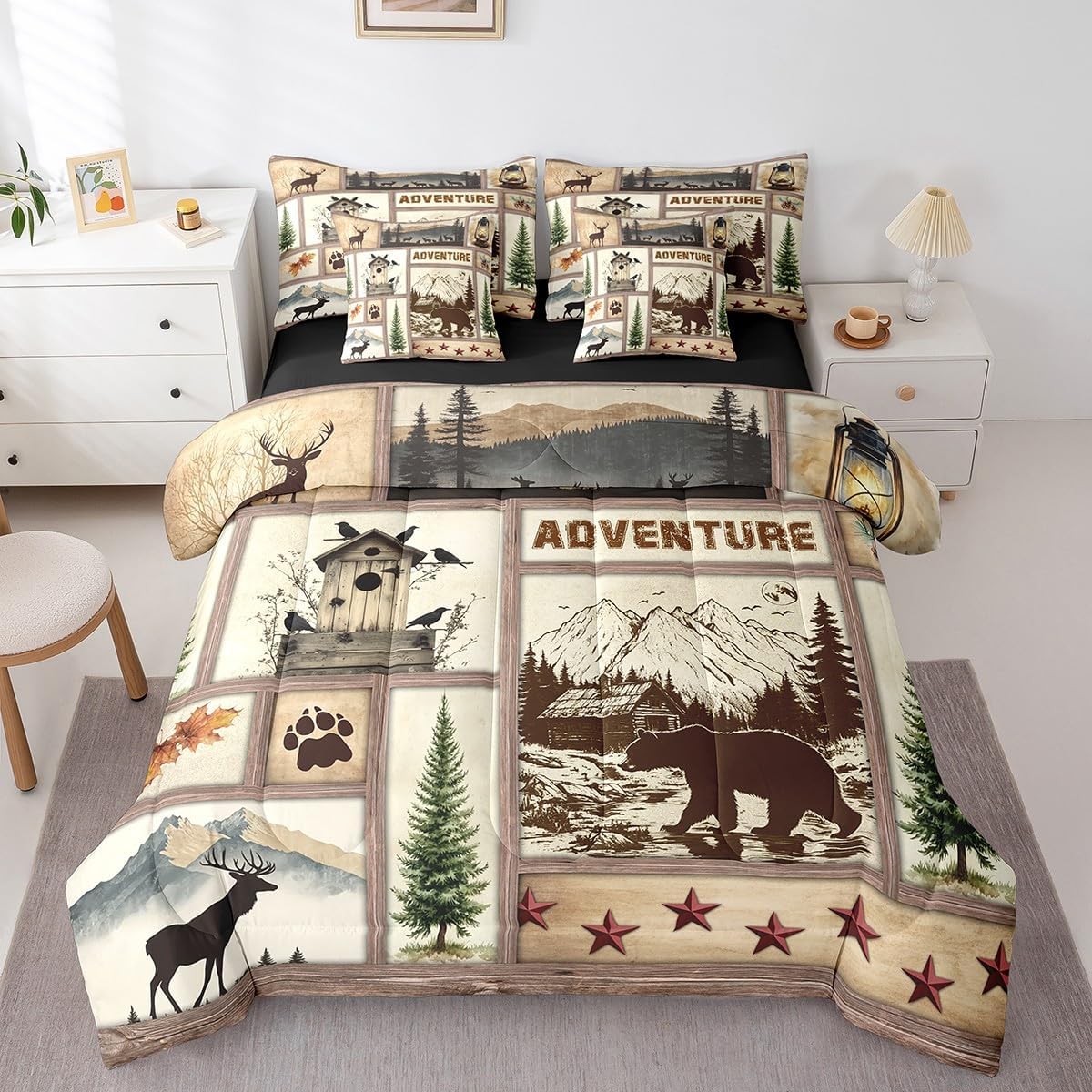 Feelyou Rustic Cabin Bear Comforter Set with Sheets Queen Size Kids Wild Animal Hunting Bed in a Bag for Boys Girls Teens Country Farmhouse 7 Pieces Bedding Set Beige Brown Soft