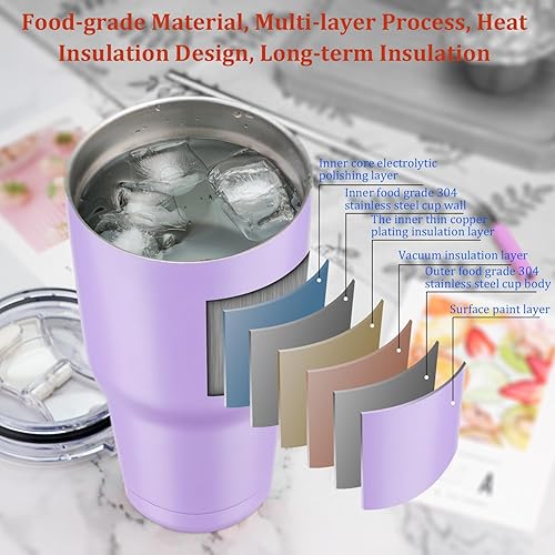 Miniatura 3 de Vaso de 887 mL con tapas y popotes, con aislamiento al vacío, de acero inoxidable, lacado, con tapa para popote y tapa abatible a prueba de fugas, 3