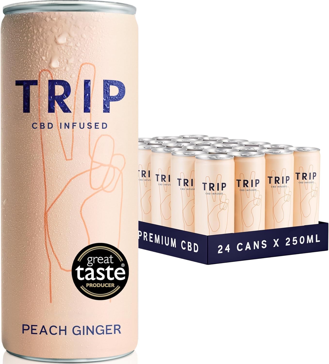 TRIPCBD Drink, Sparkling Peach Ginger Fizzy Drink, Low Calorie, Vegan (Pack of 24 x 250ml)