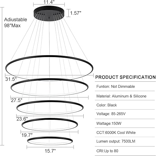 Miniatura 4 de MADEM Moderno candelabro LED de 5 anillas, lámpara colgante de techo contemporáneo para escaleras, vestíbulos de escaleras, sala de estar de techo