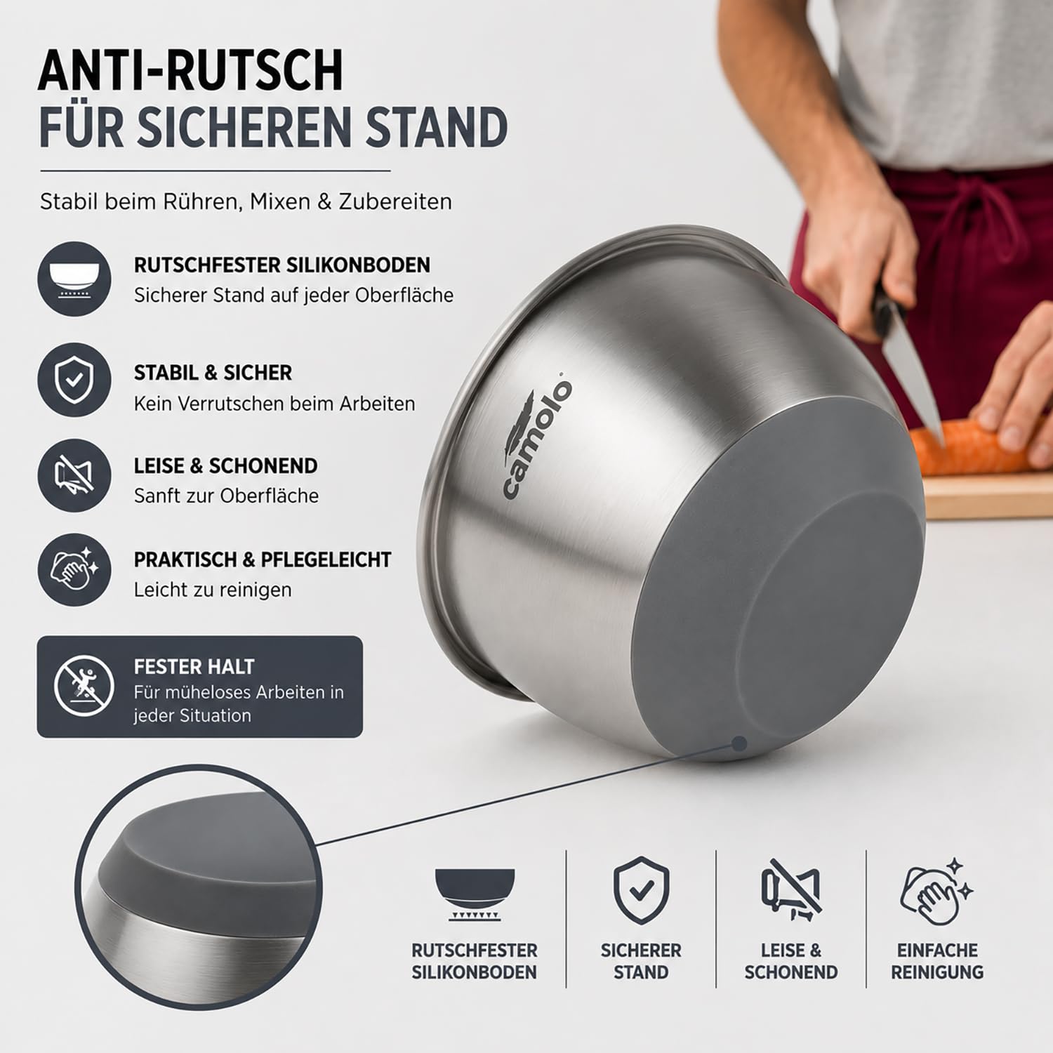 camolo Profi Edelstahl Schüssel Set mit Deckel zum Backen, Servieren, Kochen oder Aufbewahren - luftdicht verschließbar