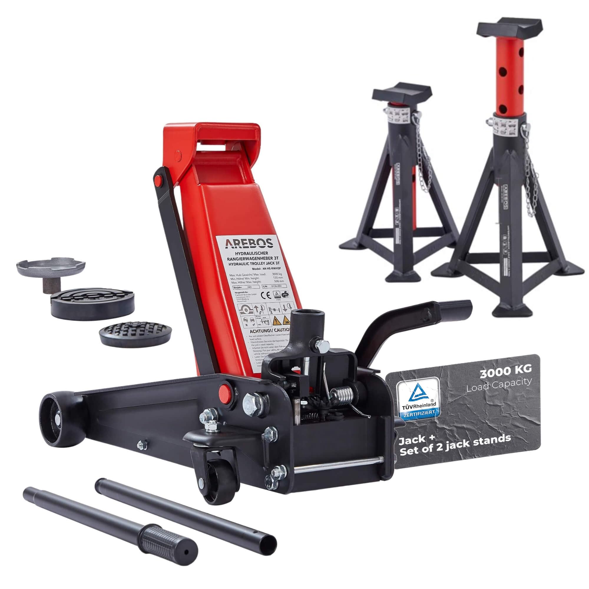 Arebos Gato Hidráulico 3T con Pedal + 2 Soportes | Capacidad 3 Ton | Gato para Taller y Aficiones | Elevador Seguro para Automóviles y Turismos