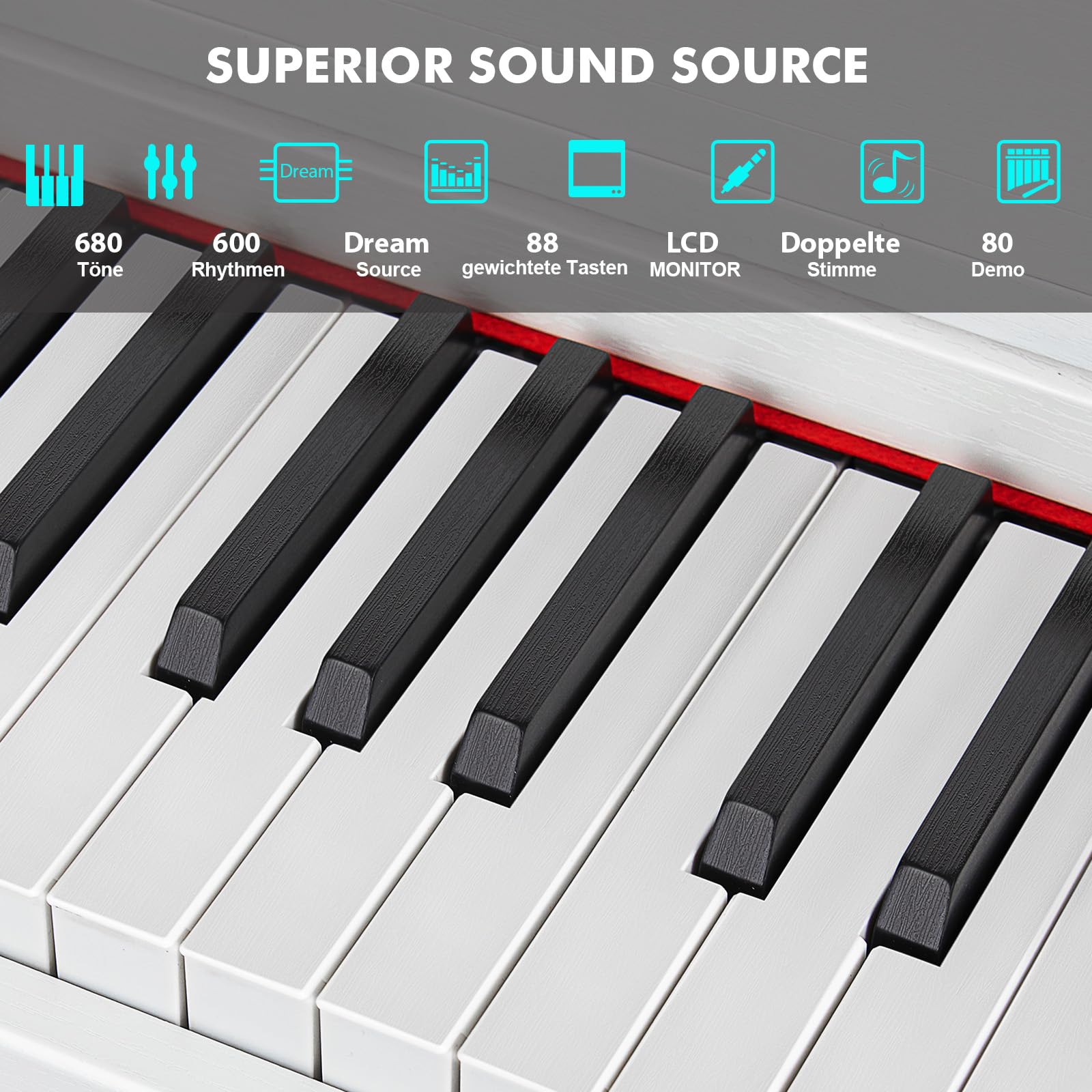 MUSTAR Digital Piano 88 Tasten, E Piano weiß, Elektrisches Klavier mit Klavierständer, 3 Pedale Adapter, 2 Kopfhöreranschluss, LCD-Bildschirm, USB/MIDI, Piano für Anfänger