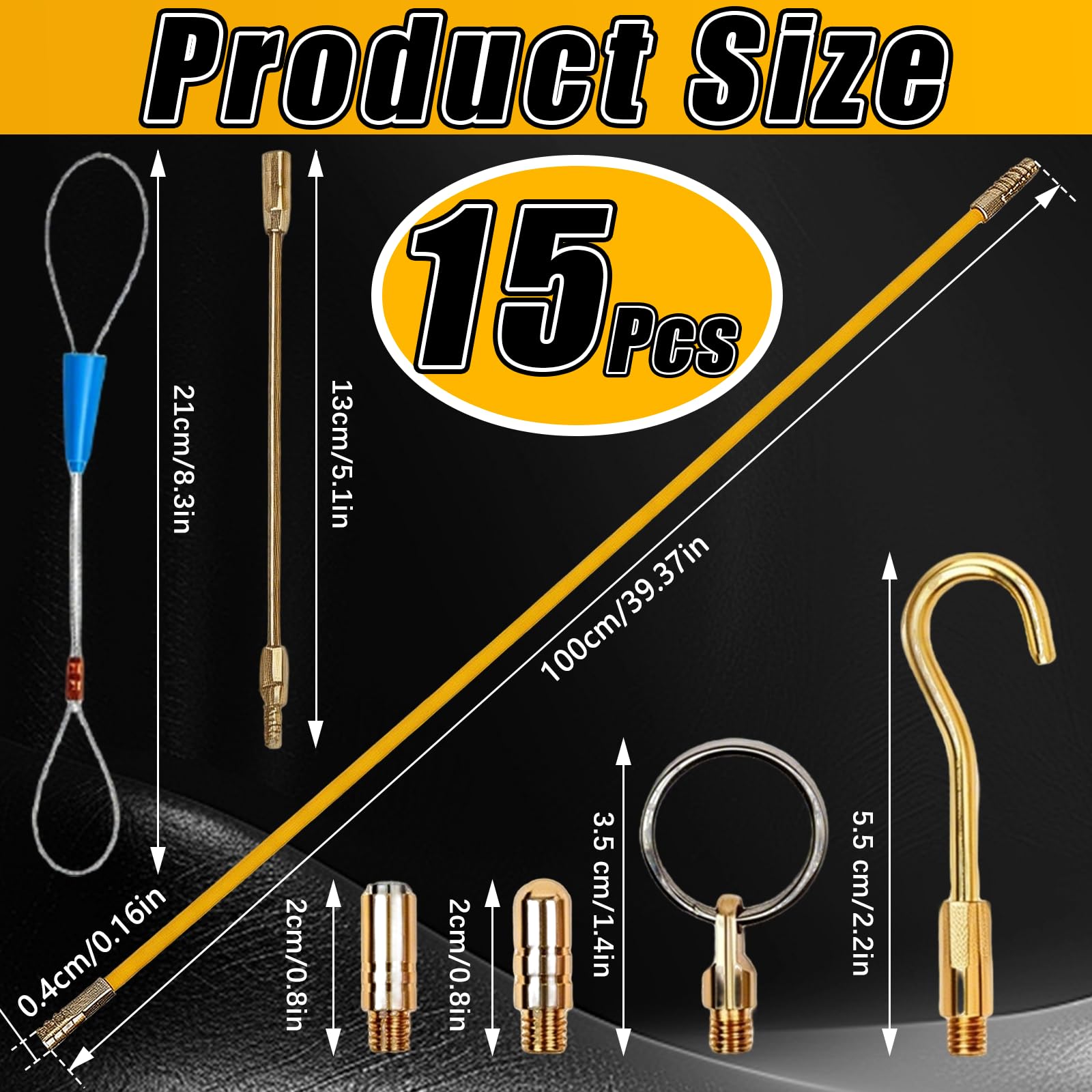 Sonda Passacavi Professionale, 4MM 10/15 Cavi in Fibra di Vetro Aste di Sonda Elettricista per Guaine Vuote Kit Estrattore Cavi Elettrici Collegabili per Condotti per Posa di Cavi (100cm*4mm*15pcs)