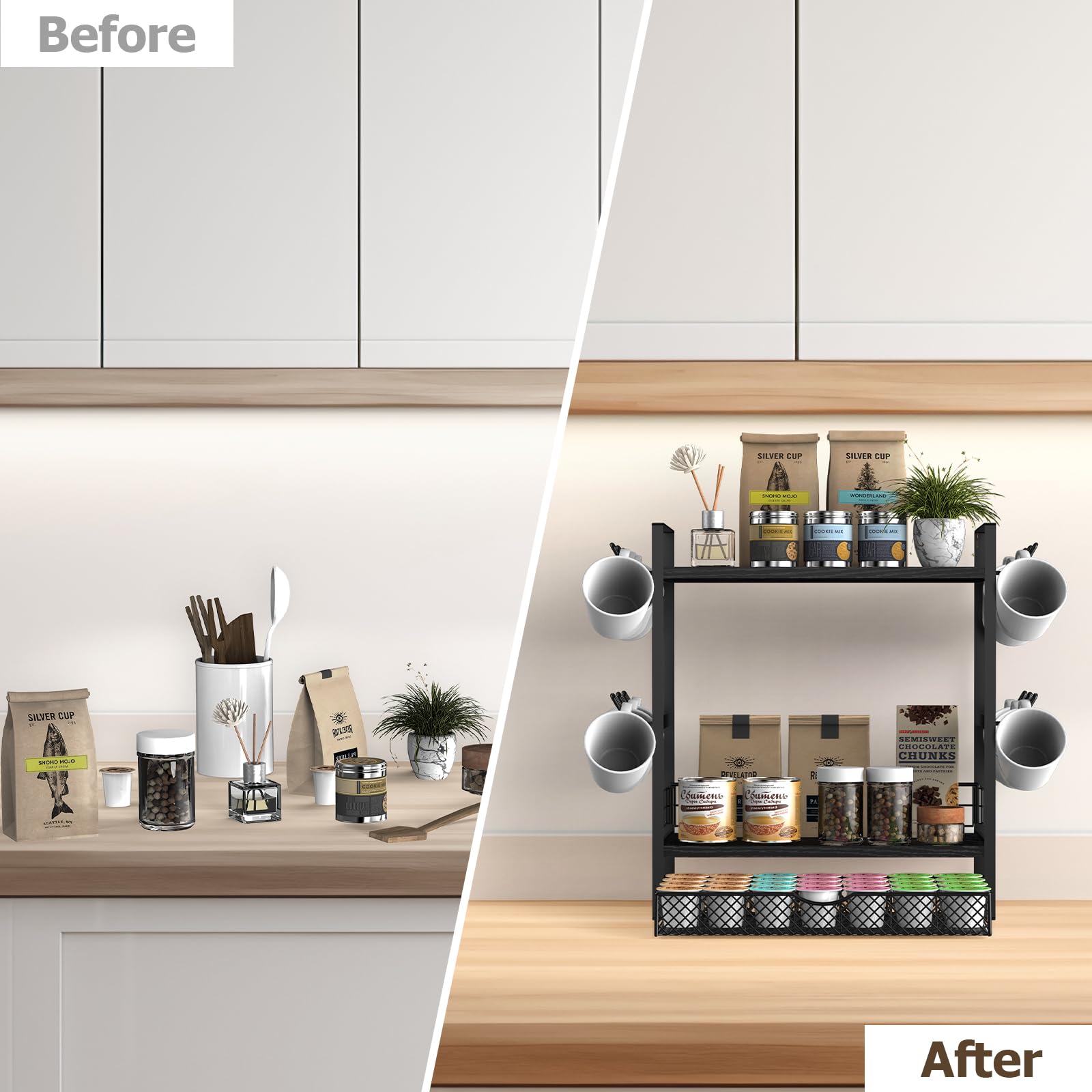 AO LI GEI Kaffee-Station Organizer – 3-stöckiges Regal Mit Schublade & 12 Haken | Für Kapseln, Tassen & Zubehör