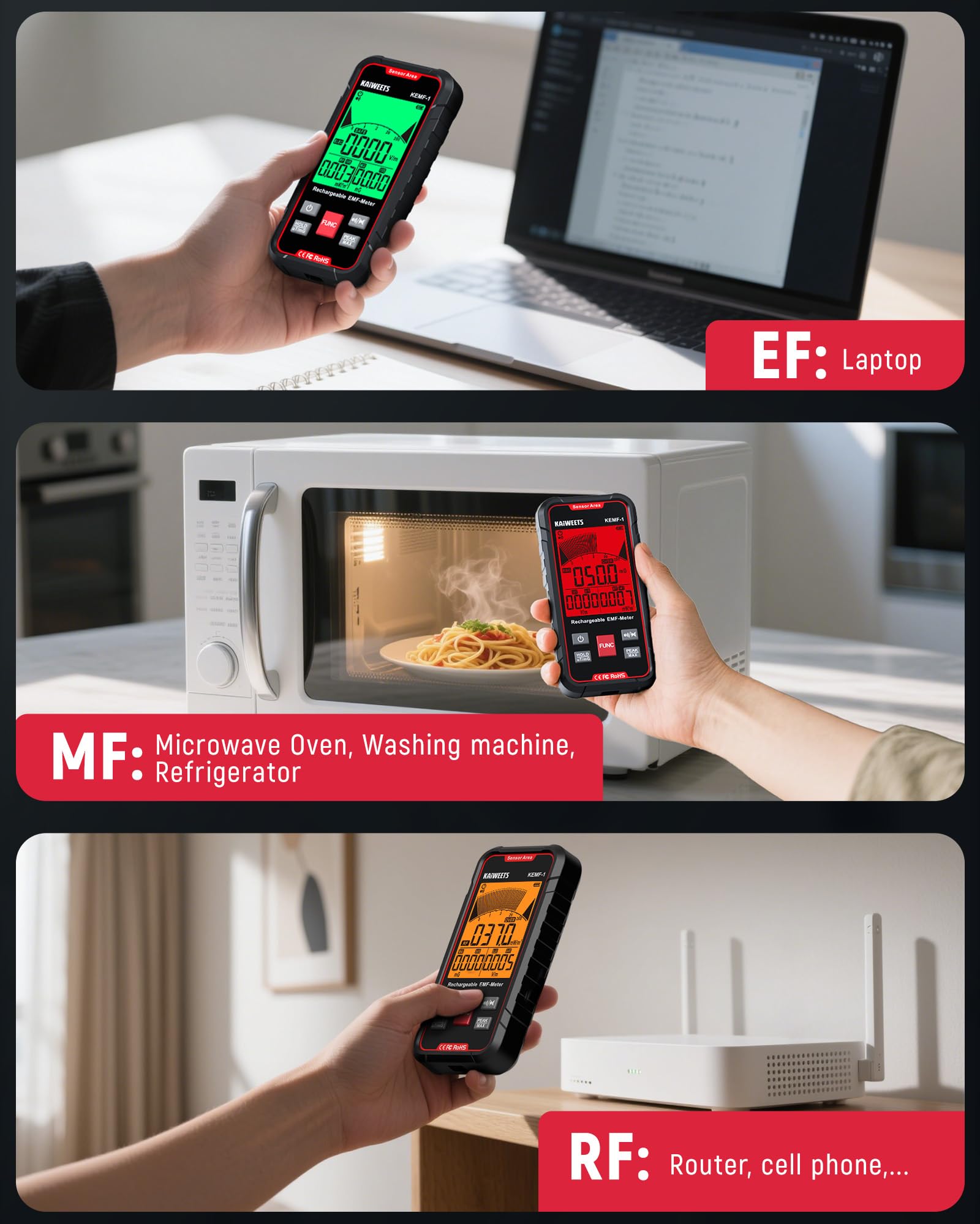 EMF-detector, detecteert de 3 soorten elektromagnetische stralingsvelden in 1 EMF-meter voor mobiele torens en slimme meters, EMF-speler voor thuis, kantoor (RD630