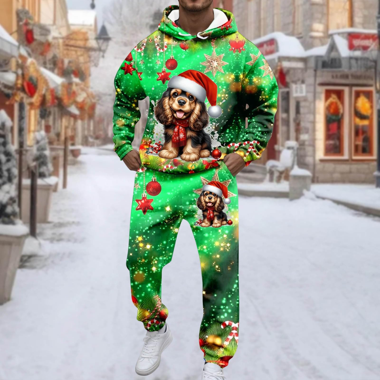 Generisch Tuta natalizia da uomo, per jogging, Natale, set di tute da allenamento, per feste, comode, 2 pezzi, stampe 3D, abbigliamento natalizio con felpa in pile + pantaloni da jogging