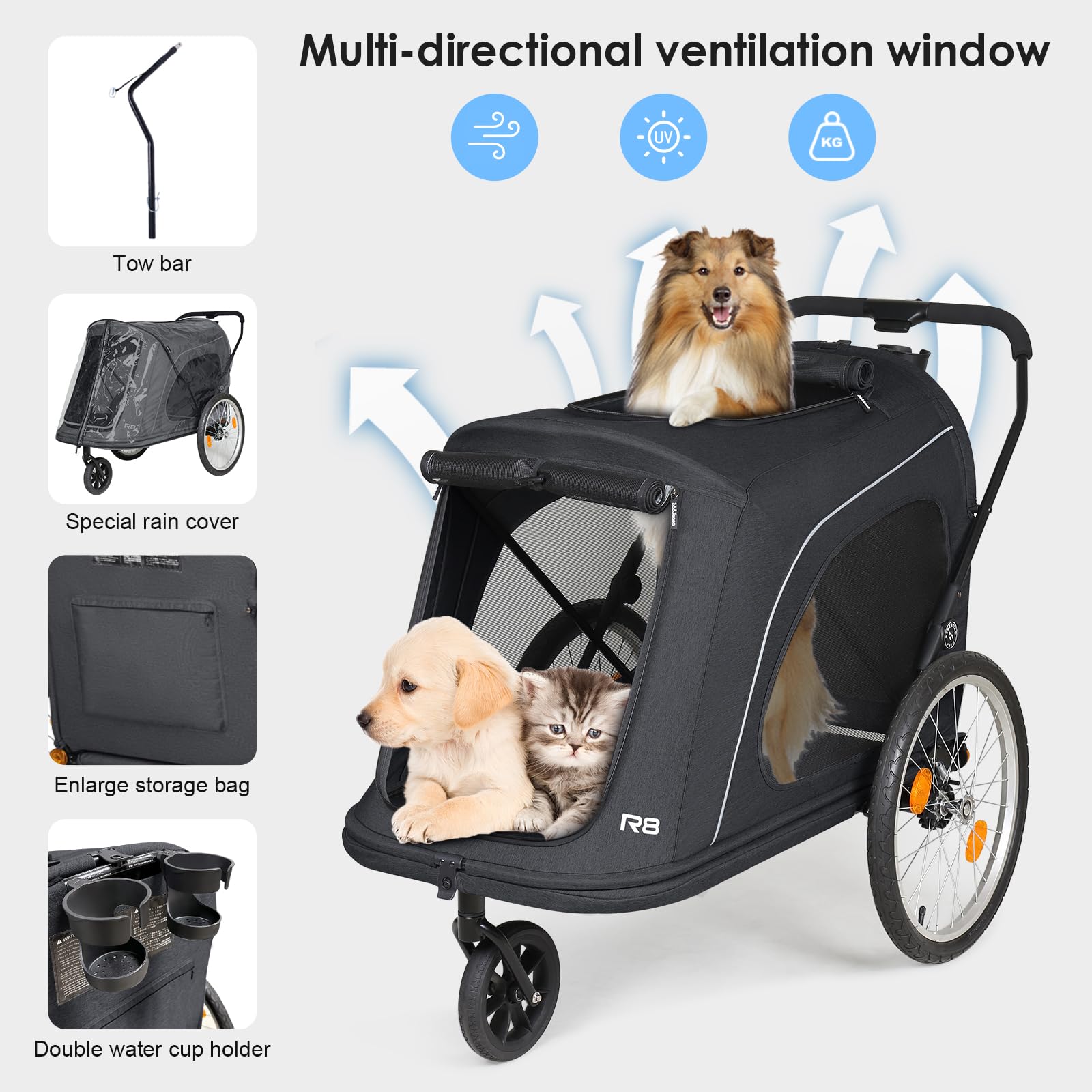 Beberoad 2 in 1 Rimorchio da Bicicletta e Passeggino per Cani, Rimorchio Bici per Cani con Porta Anteriore e Posteriore, Finestre a Rete e Tetto Apribile, Carico Massimo 45 kg