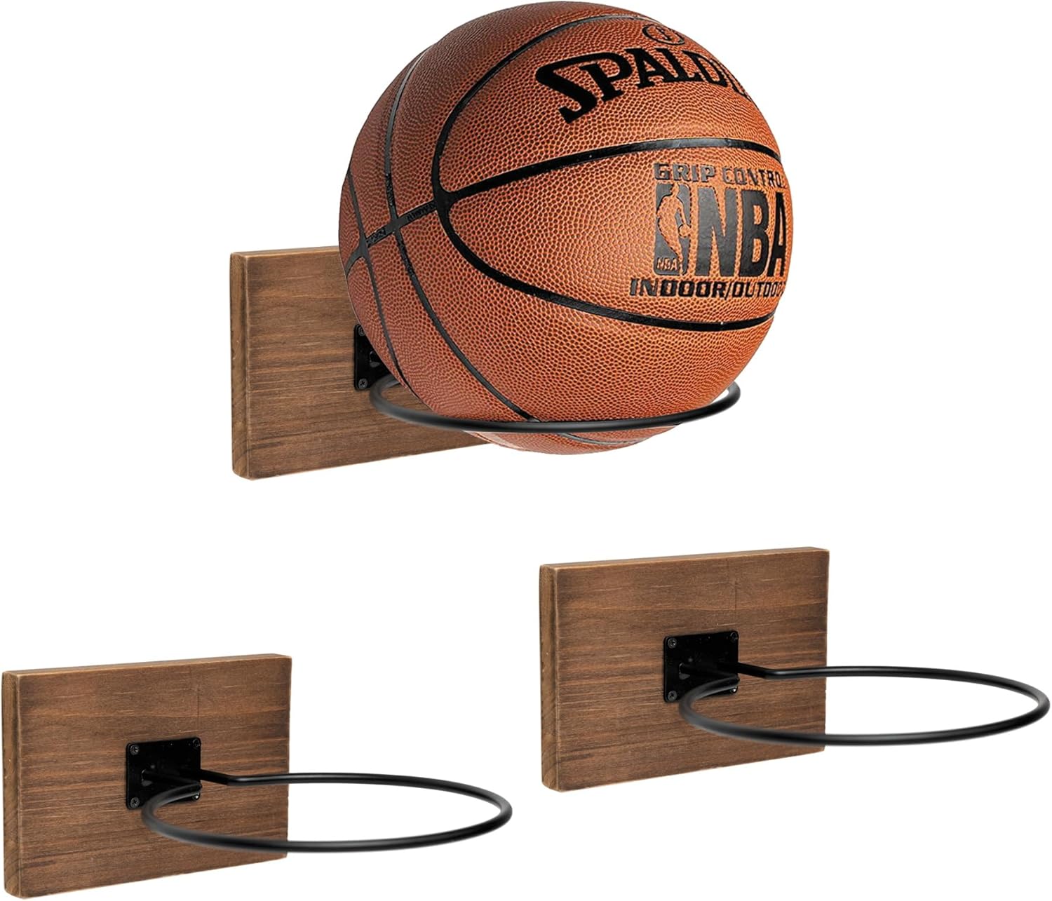 GENMOUS Set of 3 Wooden Basketball Holder, Wall Mounted Basketball Display for Men Boys Room Decor, Metal Ball Rack Stand for Football Volleyball Soccer Storage, Sports Decor for Home Bedroom (Wood)