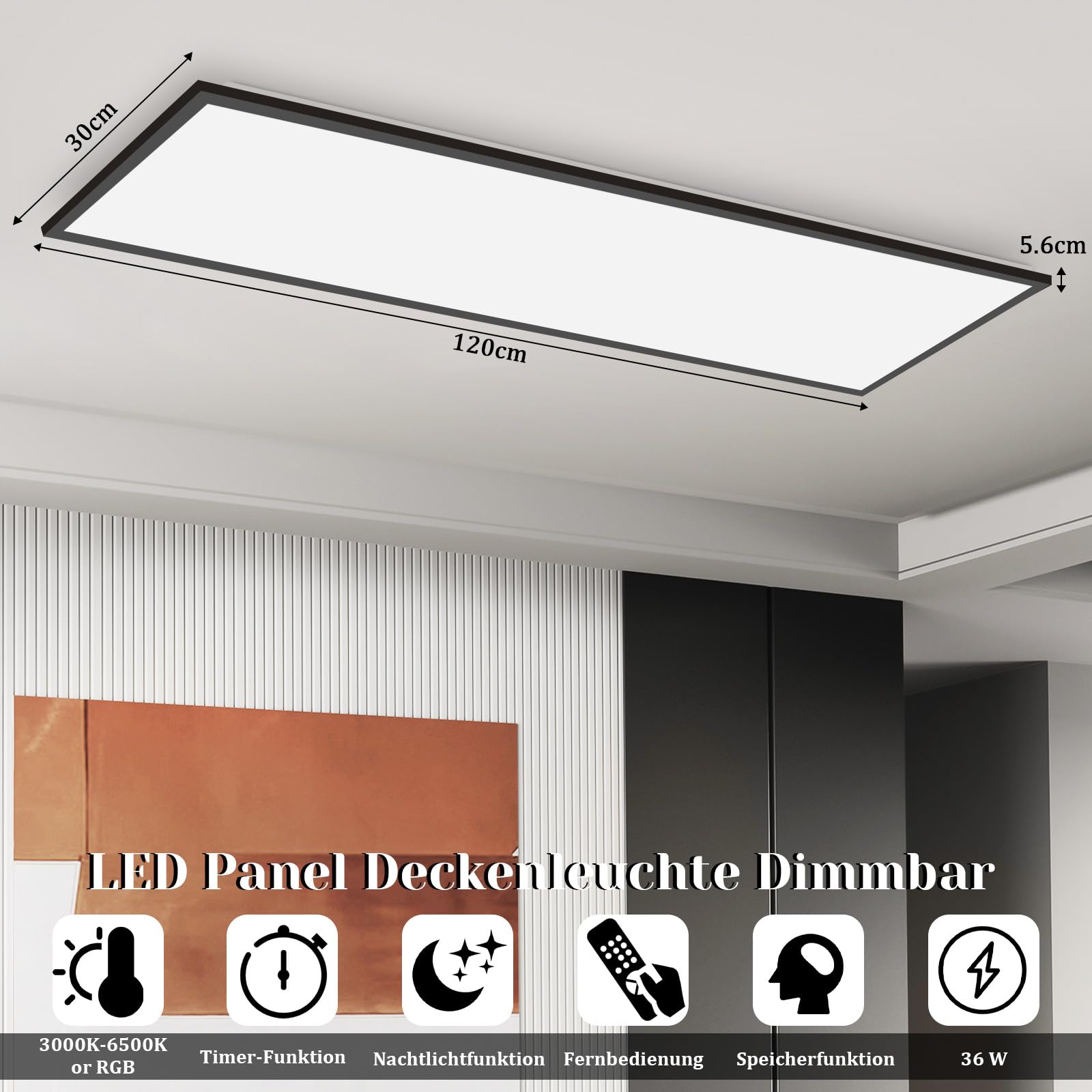 Deckenlampe LED Panel 120x30cm - Deckenleuchte Dimmbar 36W | Farbwechsel Flach Bürolampe Stufenloses Dimmen 10 100 Deckenpanel Küchenlampe mit Fernbedienung RGB Vier Modi Wohnzimmer Büro