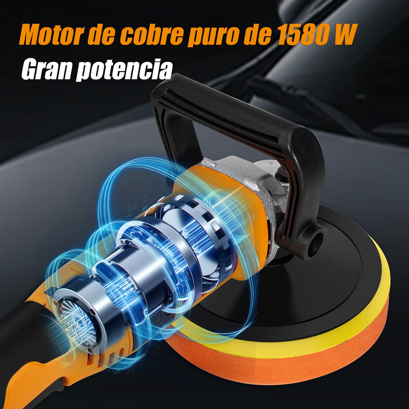HYCHIKA Pulidora Coche 1580W, Pulidora Rotativa Con 6 Velocidades Control Variable, Pulidora Con Motor de Cobre Puro, con Almohadilla de Pulido de 180 mm, Kit Pulido Coche